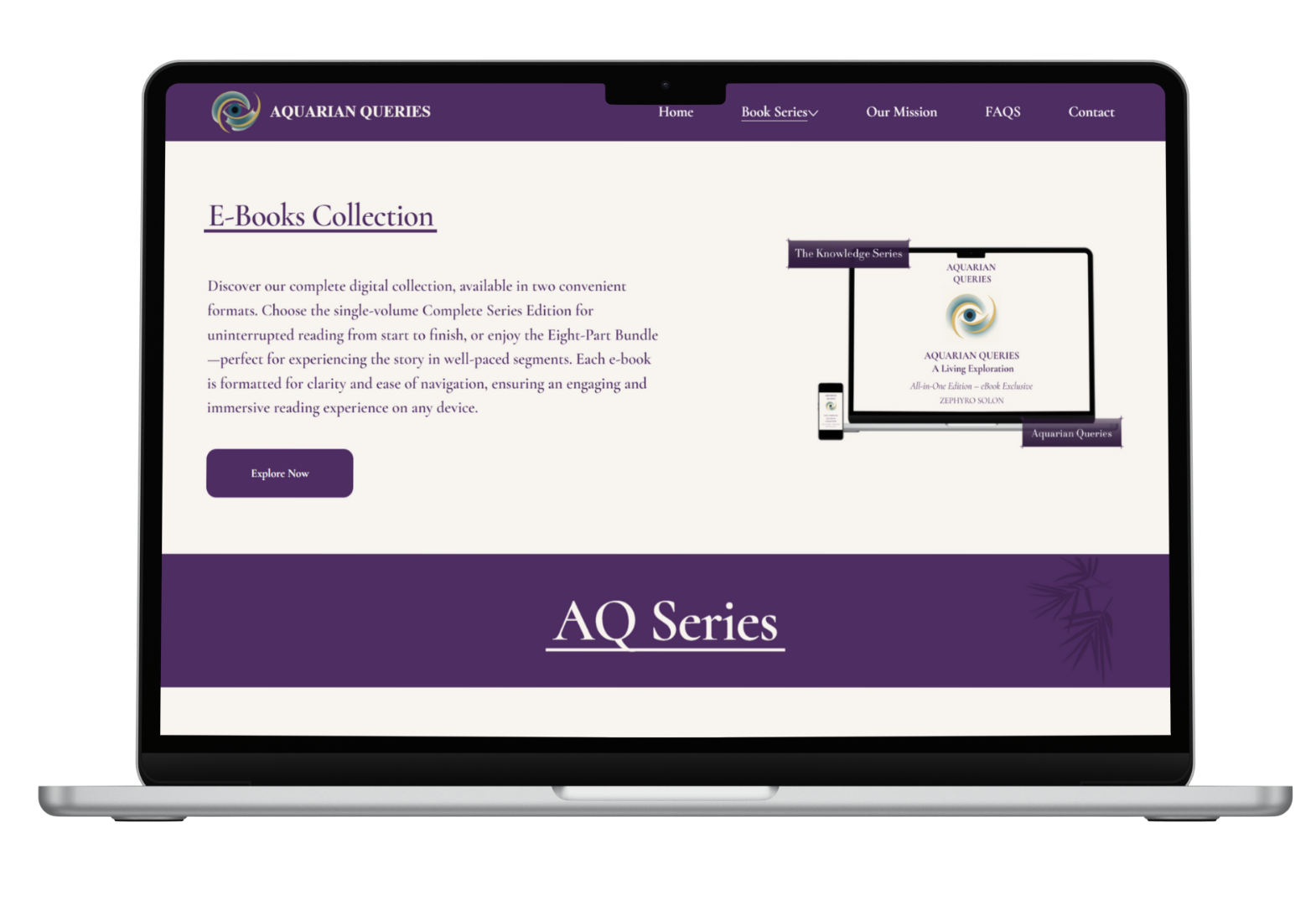 Aquarian Queries spiritual book series website displayed on a laptop