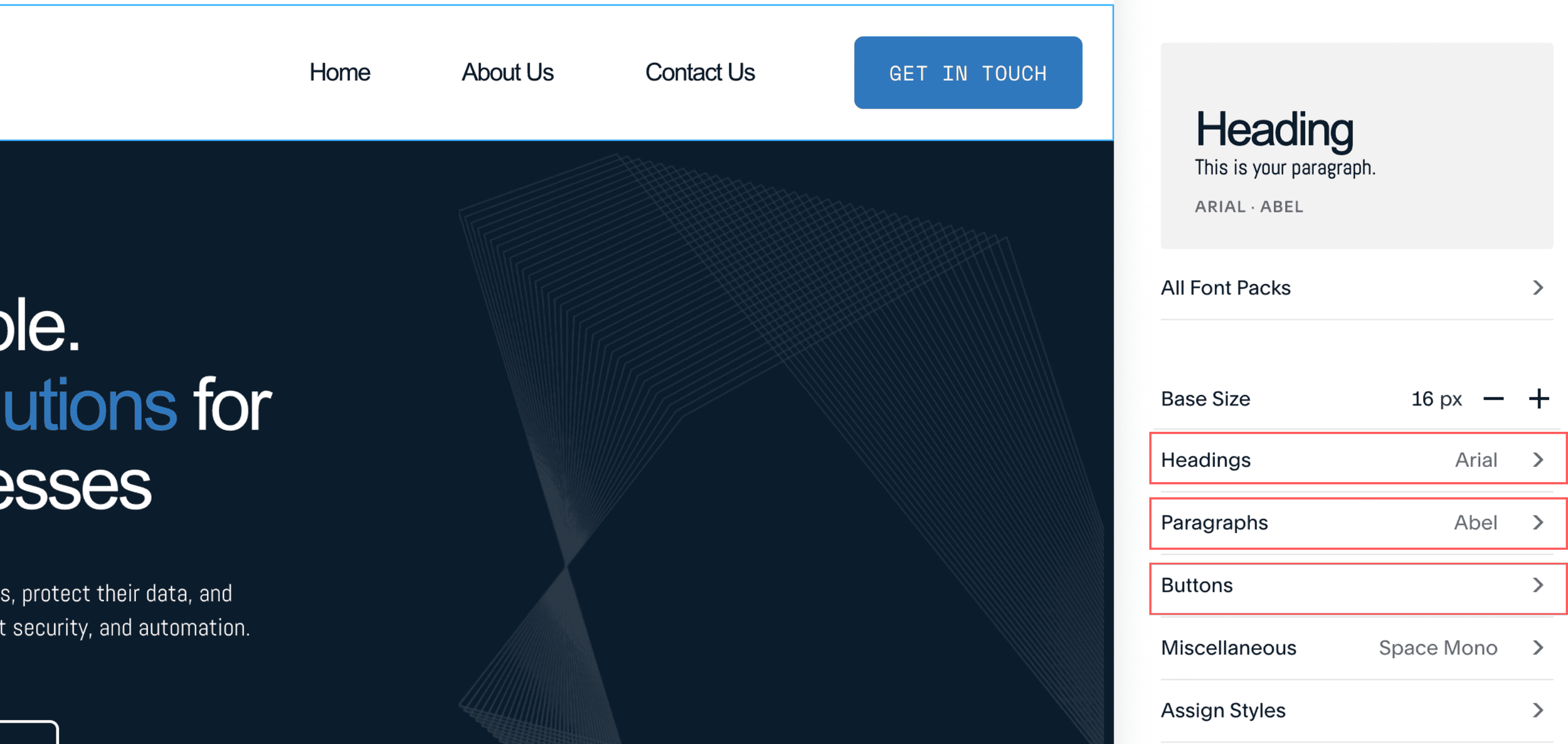 choosing heading and paragraph font styles in Squarespace editor
