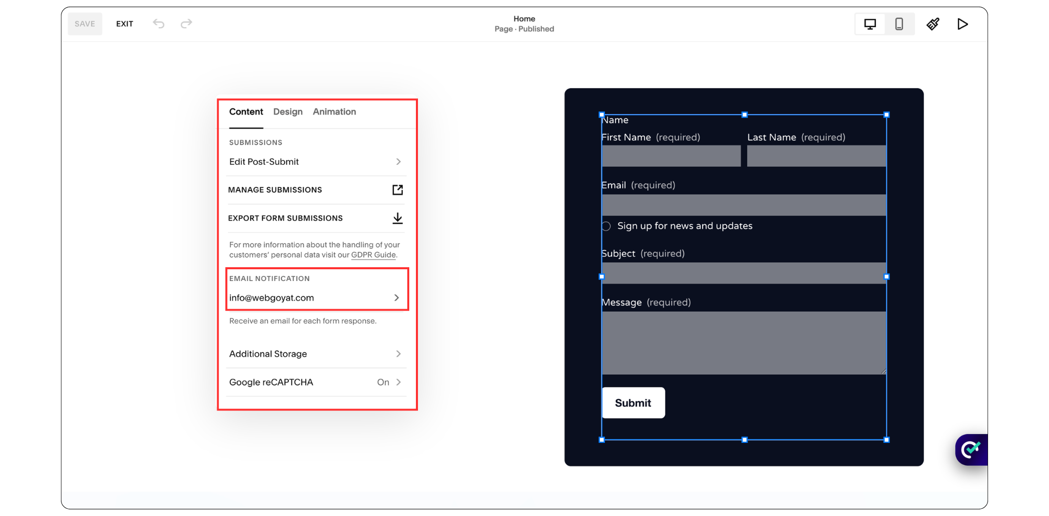 Squarespace form storage settings for email notifications and lead collection