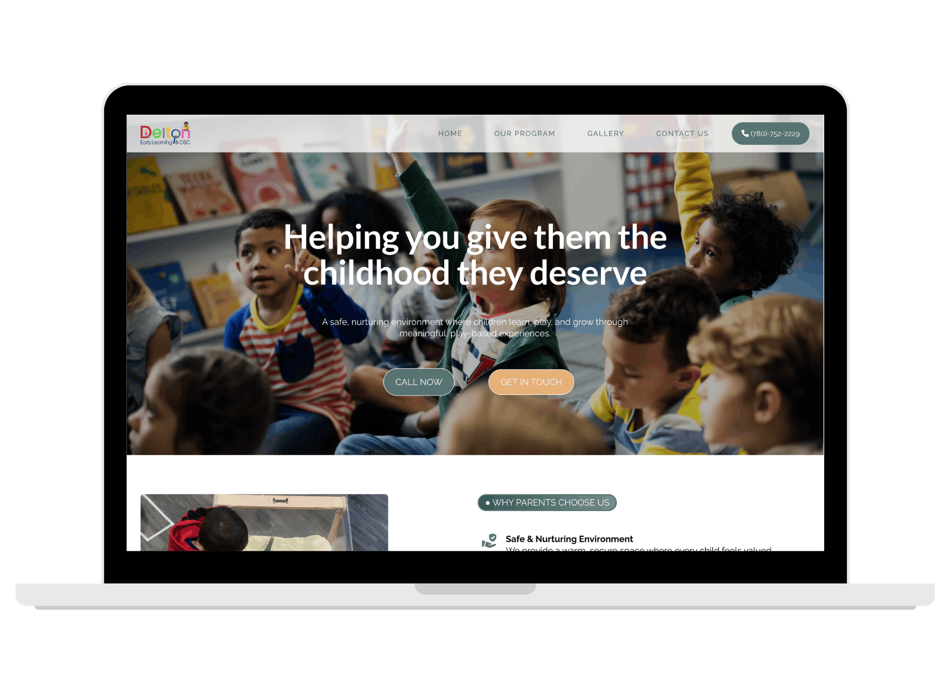 Delton Early Learning childcare website homepage displayed on a laptop