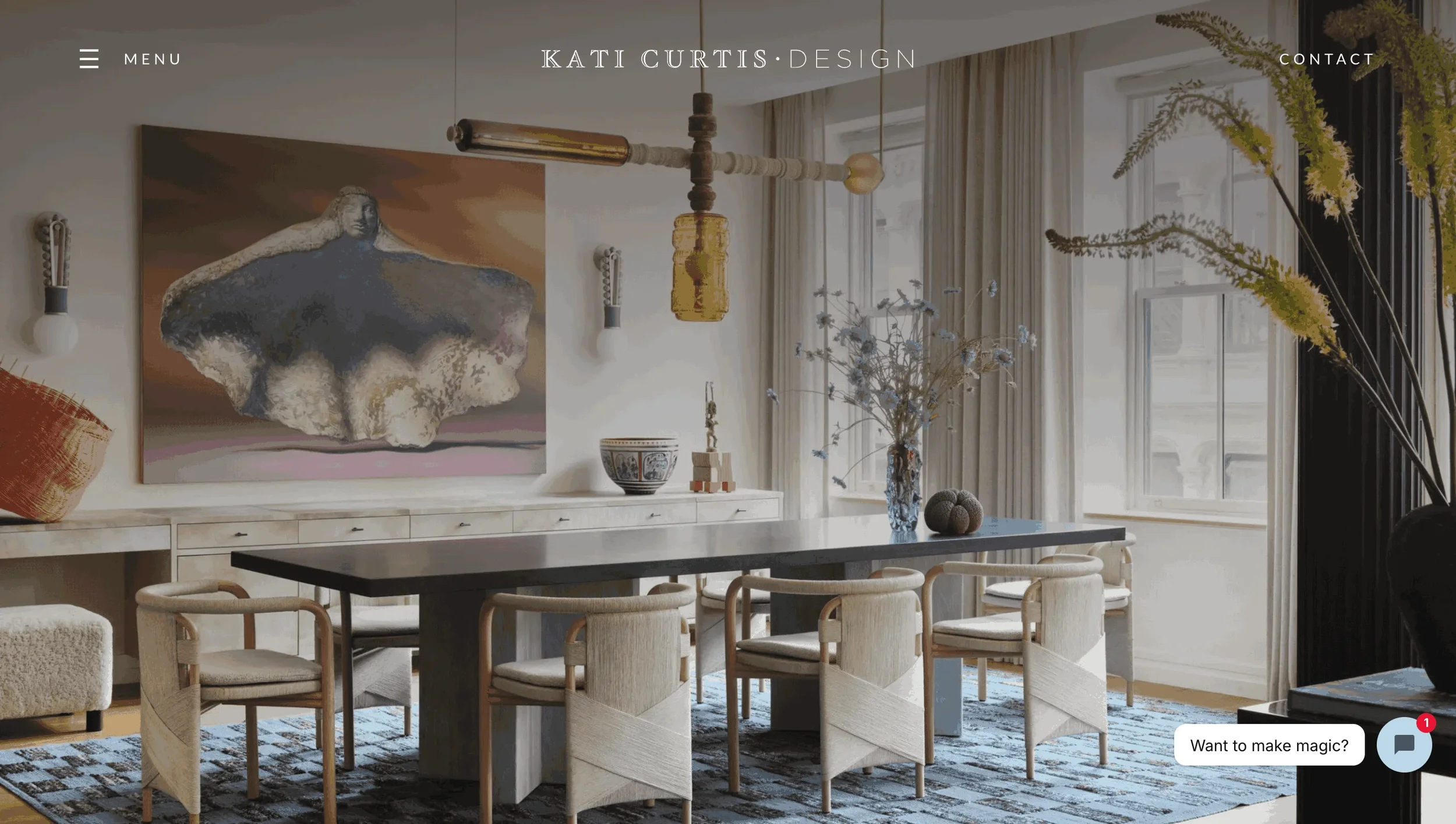 Kati Curtis Design website showcasing colourful, layered interior design projects.