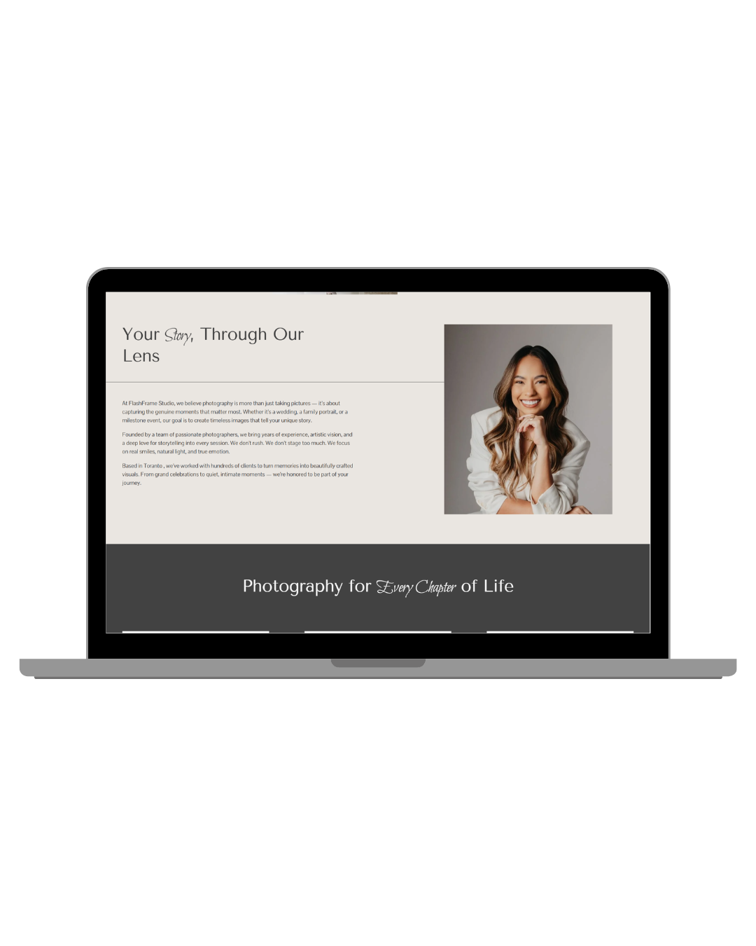 Flash Frame Studio photography portfolio displayed on a laptop