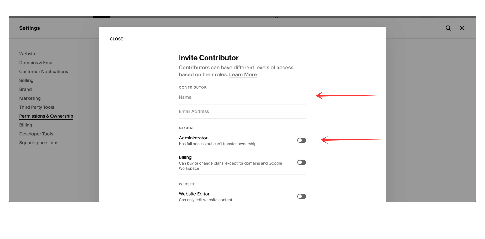 Contributor details form where users enter the future owner’s name and email during the transfer ownership of website process