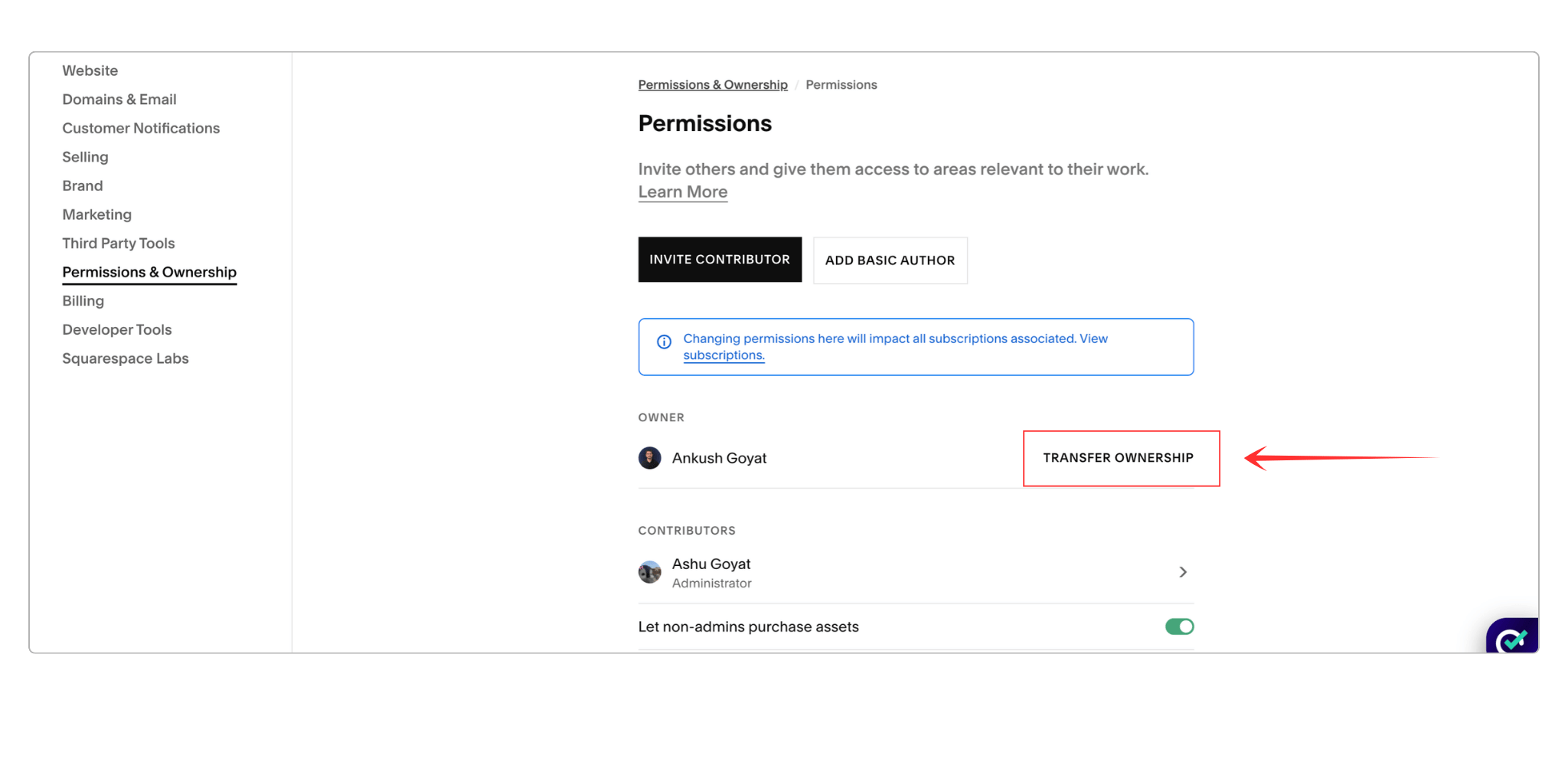 Transfer Ownership button inside the Squarespace permissions dashboard used to transfer ownership of squarespace site accounts