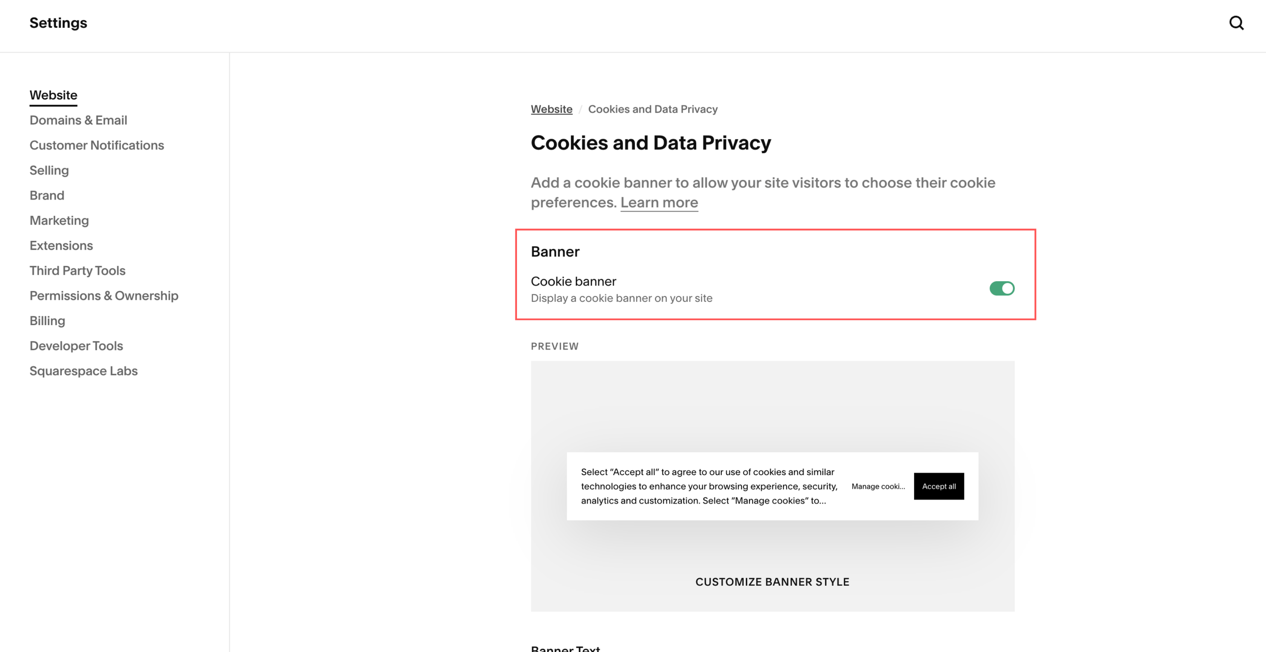 Cookie preferences on a Squarespace website with Subfooter and Pill layout options.