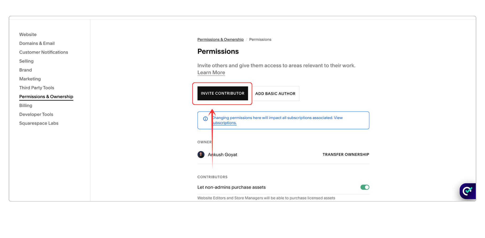 Invite Contributor popup window used during the transferring ownership of squarespace site process to add a new website owner