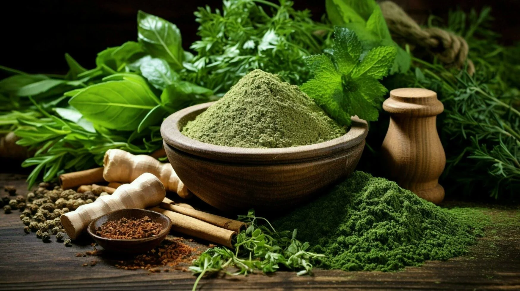 A bowl of green powdered herbs surrounded by fresh herbs, garlic, spices, and wooden containers on a wooden surface.