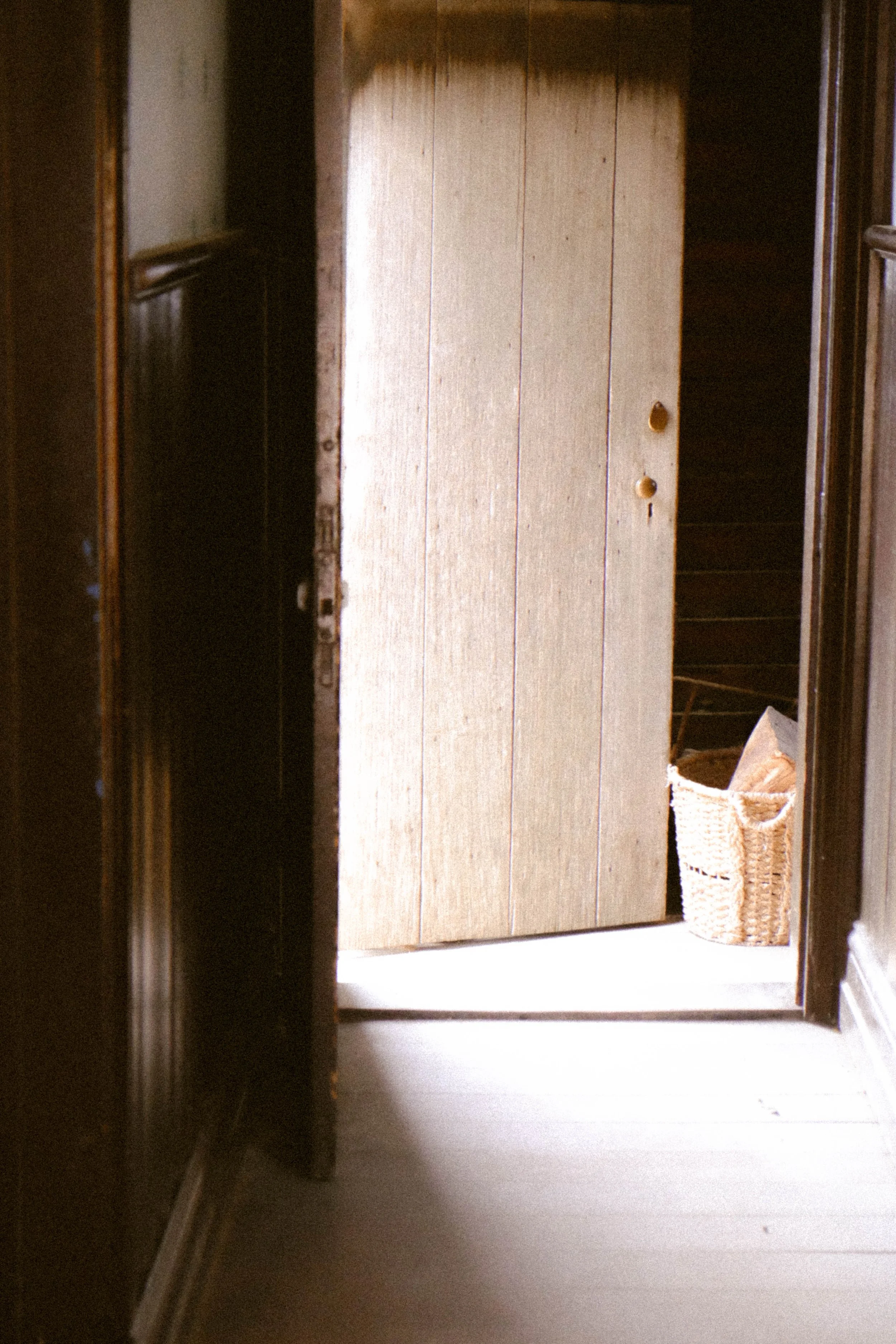 View through an open door into a room with wooden paneling and a wicker basket on the floor.
