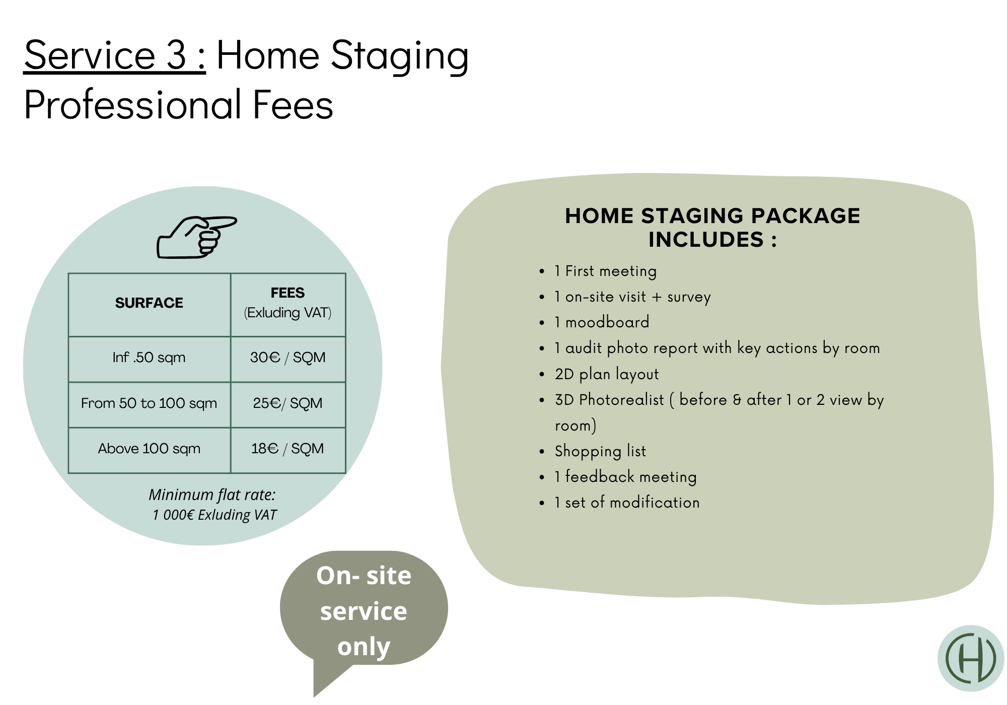 Tarifs et services pour l'évaluation immobilière à domicile, incluant une réunion initiale, visite sur site, moodboard, rapport de photos avec actions clés, plans 2D, visites 3D, liste de shopping, réunion de feedback, et modification. Tarifs par superficie, à partir de 30€ par mètre carré, avec un tarif minimum de 1000€ hors TVA.
