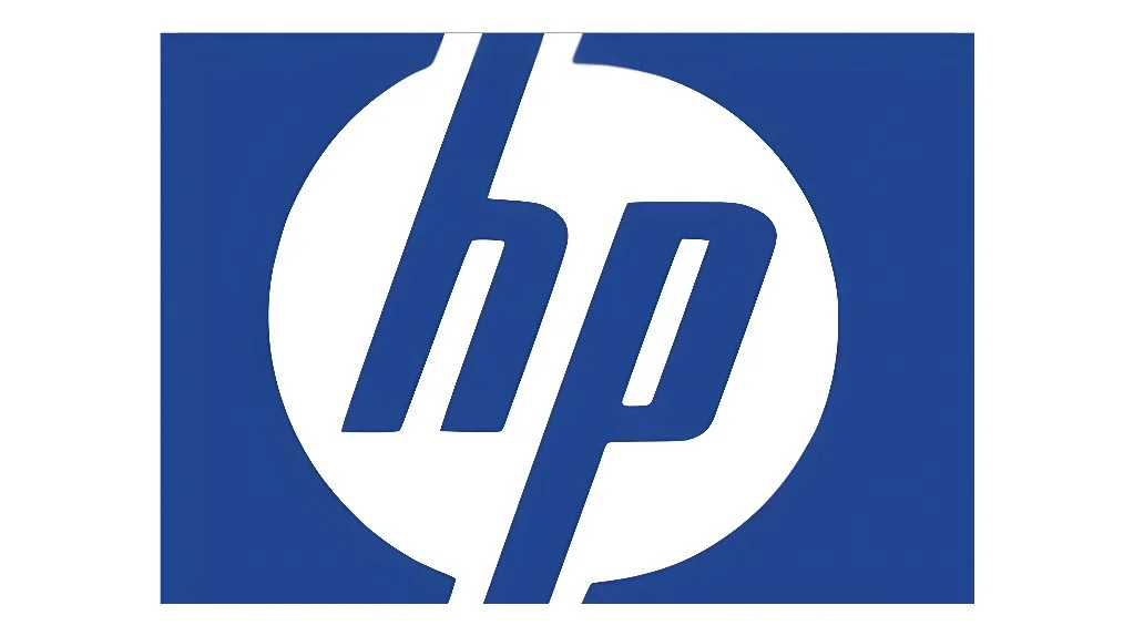 HP logo with blue background and white circles