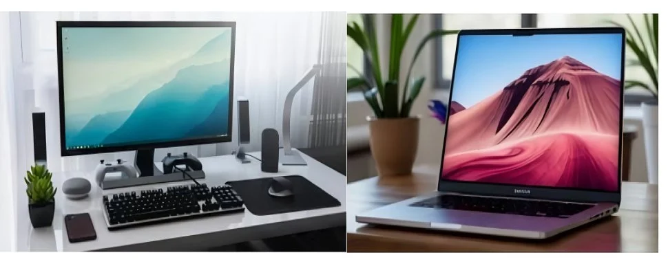 Comparison of two computer setups: on the left, a desktop monitor with a keyboard, mouse, speakers, a smartphone, and a small plant on a white desk; on the right, a laptop with a large screen displaying a desert landscape, placed on a wooden surface with a potted plant in the background.
