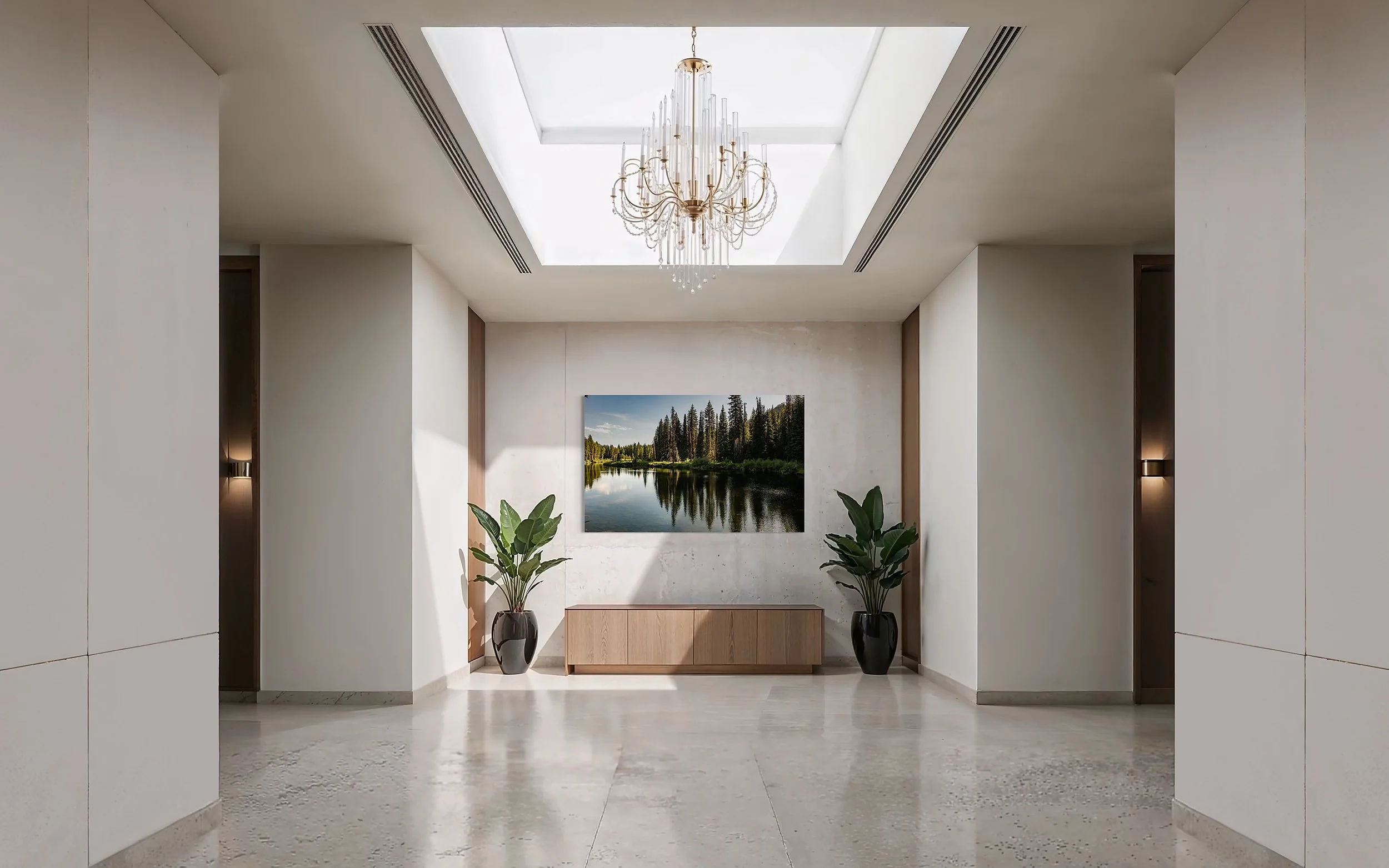 Idaho landscape wall art installed in a modern medical office, featuring a calm river and evergreen forest photographed in McCall Idaho