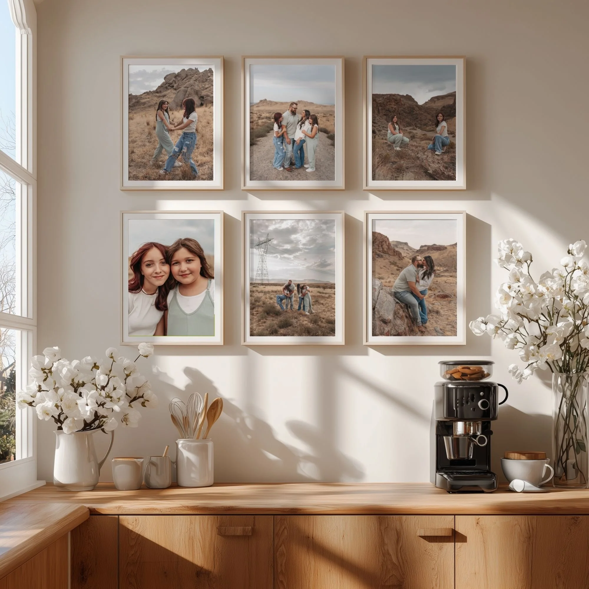 Family portraits displayed as framed gallery wall art