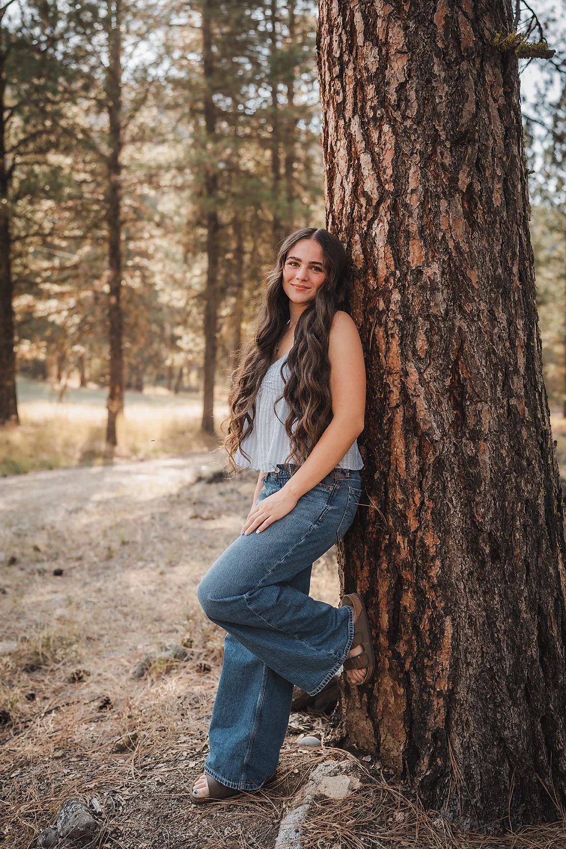 Eagle High School senior girl in a blue top and jeans leaning against a large pine tree in a Garden Valley Idaho forest during her senior session