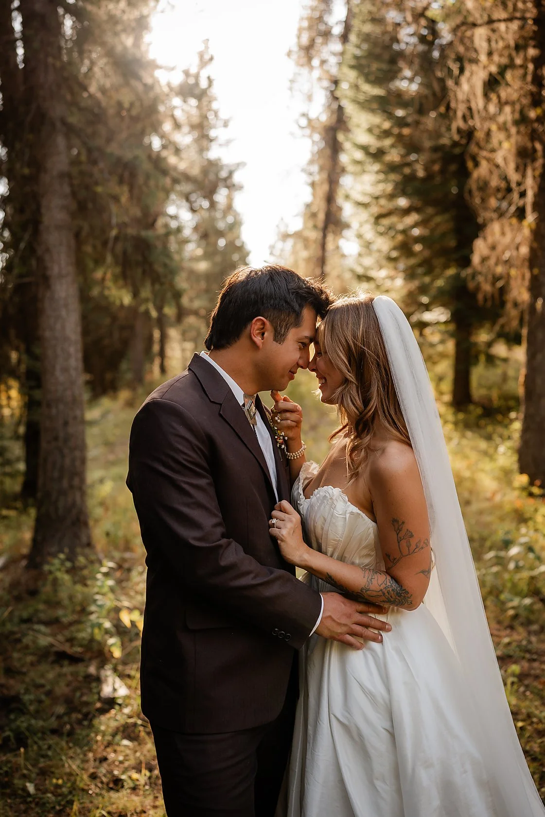 Bride and groom sharing a quiet moment together during an intimate outdoor wedding in Boise, Idaho.