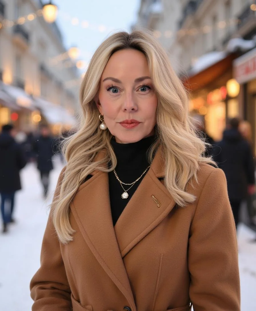 Woman with blonde hair wearing earrings, layered necklaces, a black turtleneck, and a tan coat, standing on a busy city street during winter.