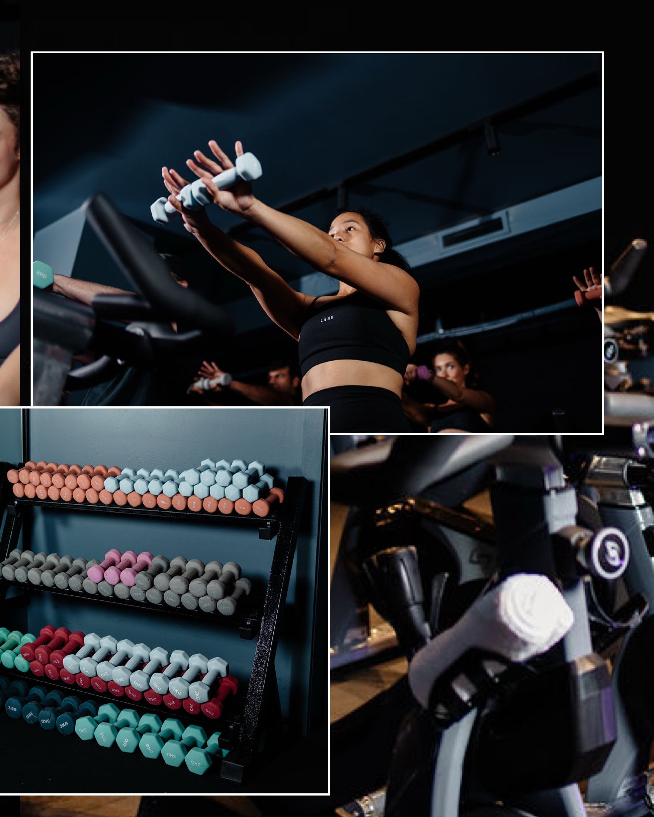 Collage of a woman exercising with dumbbells, a rack of colorful dumbbells, and an indoor exercise bike with a towel.