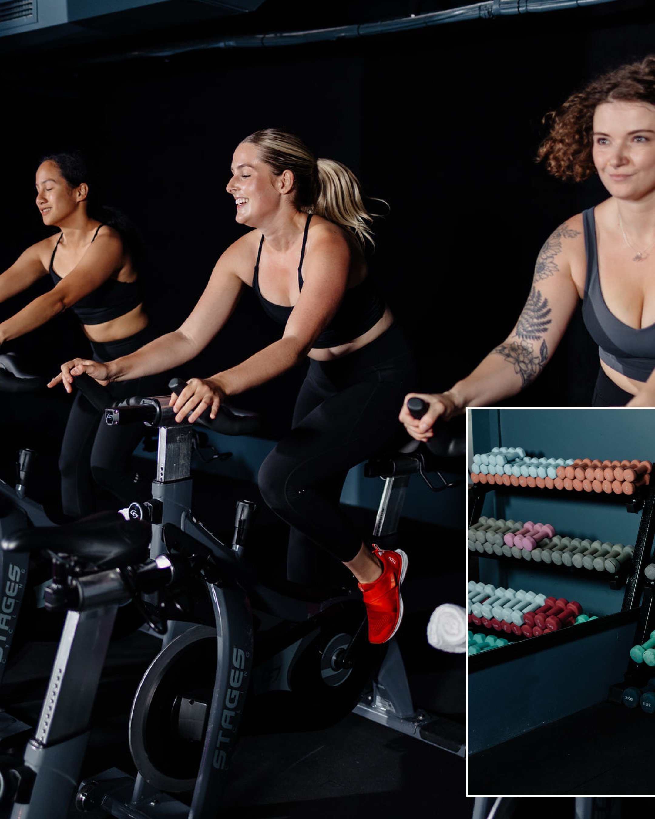 Three women on stationary bikes in a gym, with an inset showing a rack of colorful dumbbells.