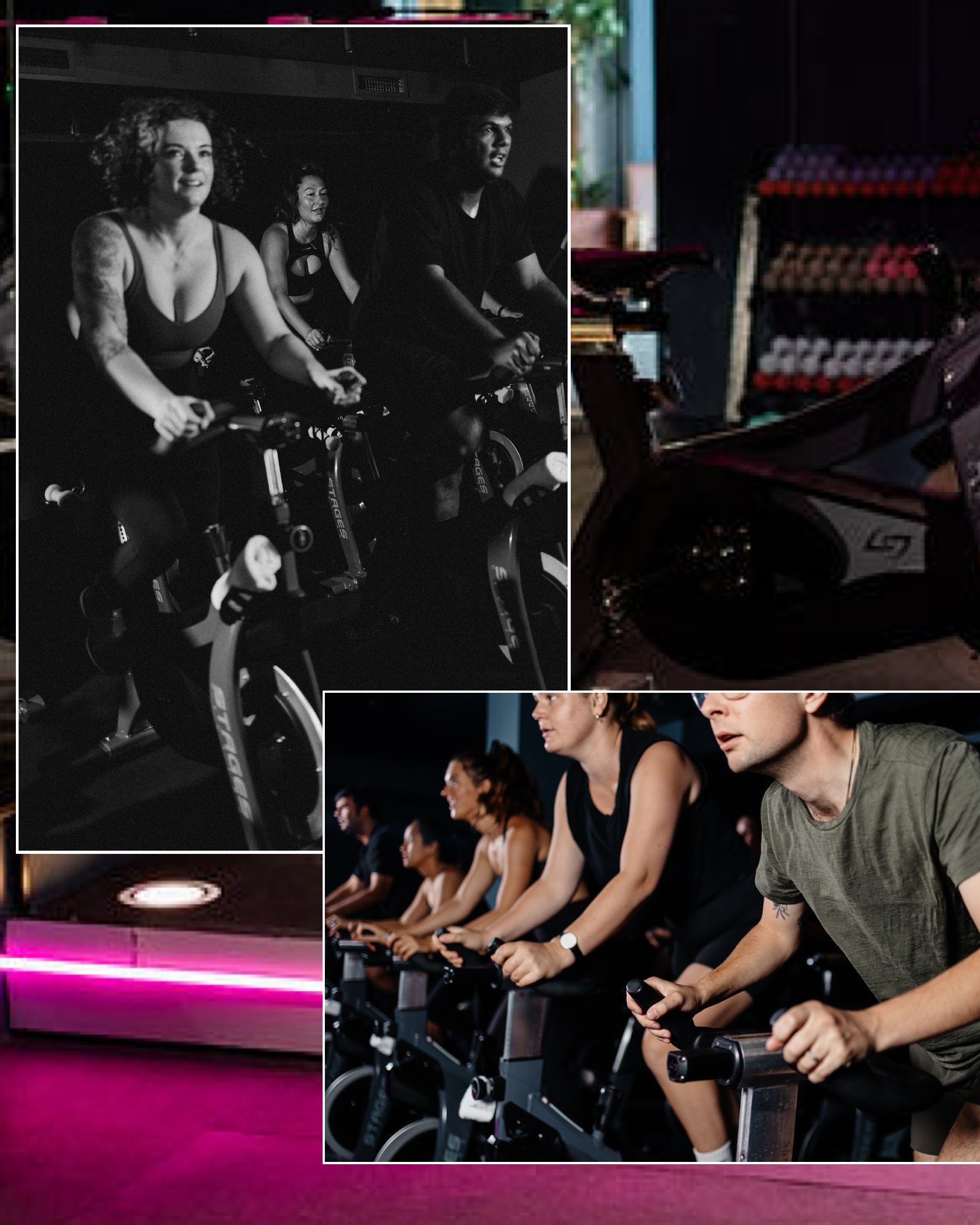 Indoor cycling class with participants on stationary bikes, room dimly lit