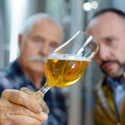 Business owner and head brewer looking at their perfect crystal clear beer by using PLAATO MES
