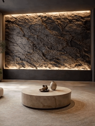 Moderný interiér s reliéfom kamennej steny ROCKWALL a s povrchom MICROCEMENT.