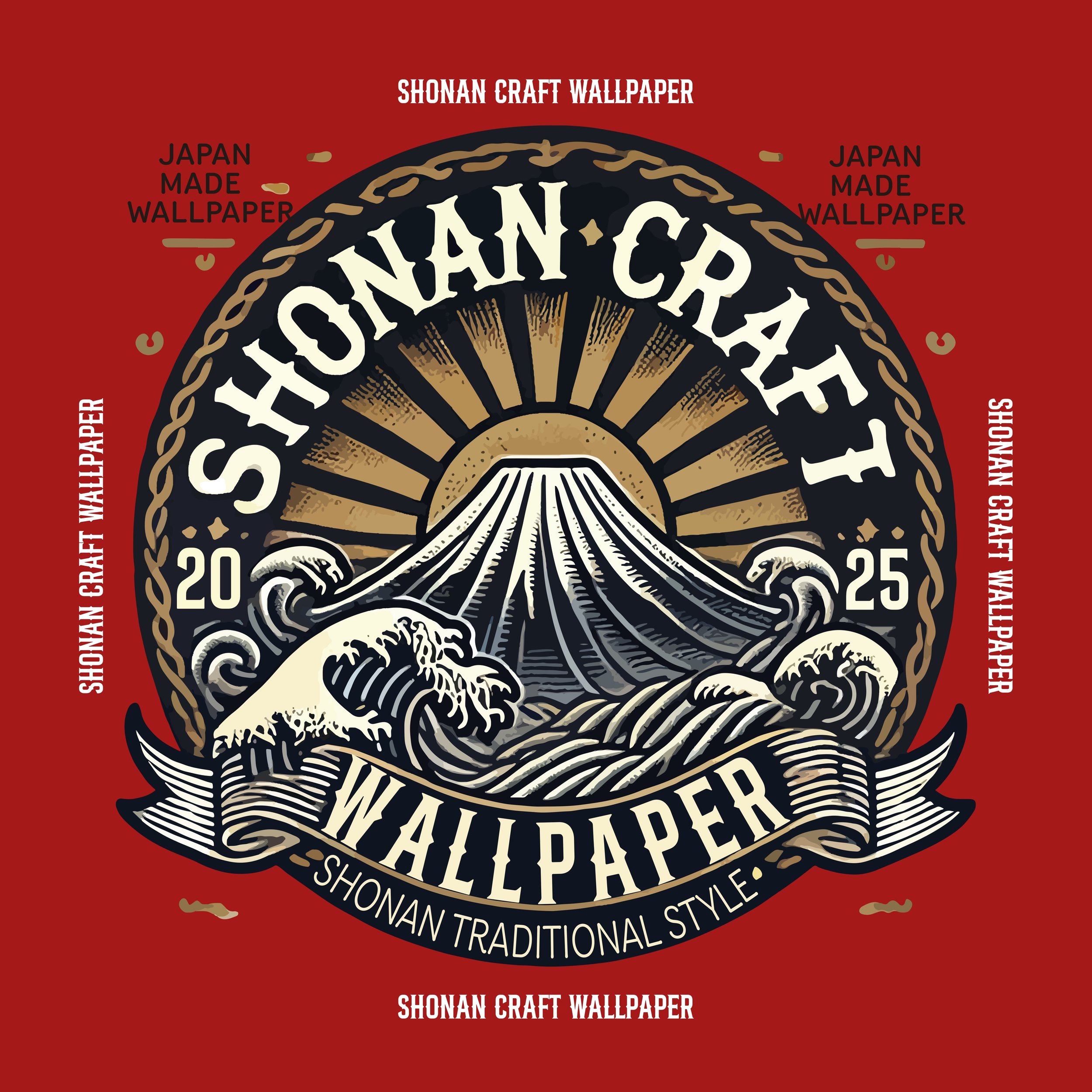 赤い背景に「SHONAN CRAFT WALLPAPER」というテキストと、波や山のイラストのロゴデザイン。