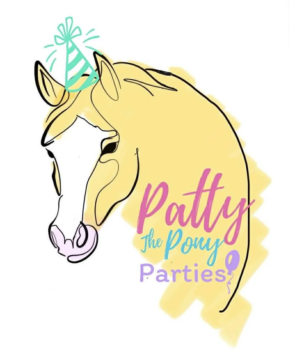 A colorful illustration of a unicorn with a party hat, featuring text that reads 'Patty The Pony Parties!'