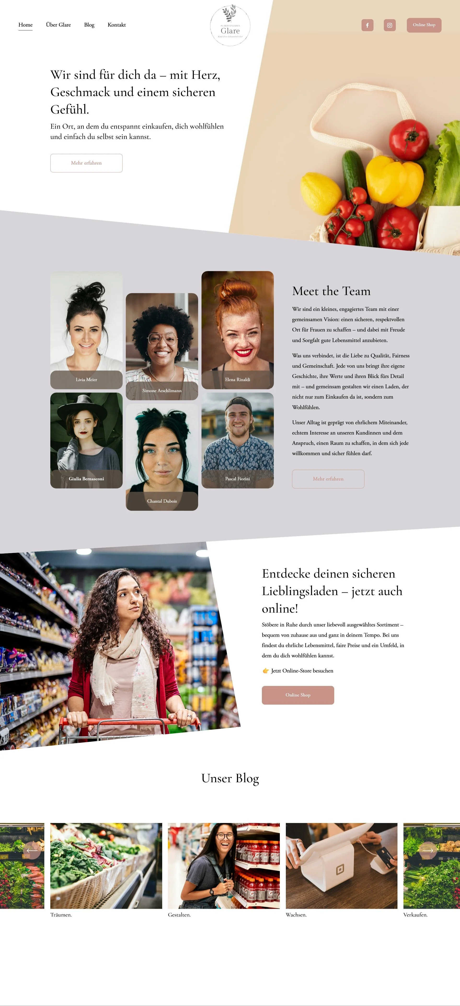 Startseite einer Website für einen Lebensmittel- und Online-Shop mit einem Bild von frischem Gemüse und Tomaten, eine Teamvorstellung mit Fotos von sechs Personen, eine Frau beim Einkaufen im Supermarkt, und einen Blog-Bereich mit vier Bildern von Lebensmitteln und Menschen beim Einkaufen.