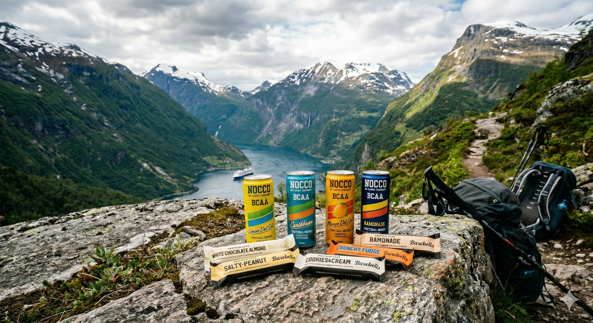A scenic mountain landscape with a river, snow-capped peaks, and a cloudy sky. In the foreground, there are four cans of NOCCO BCAA drinks and several Barebells protein bars placed on a large rock, with hiking backpacks and trekking poles nearby.