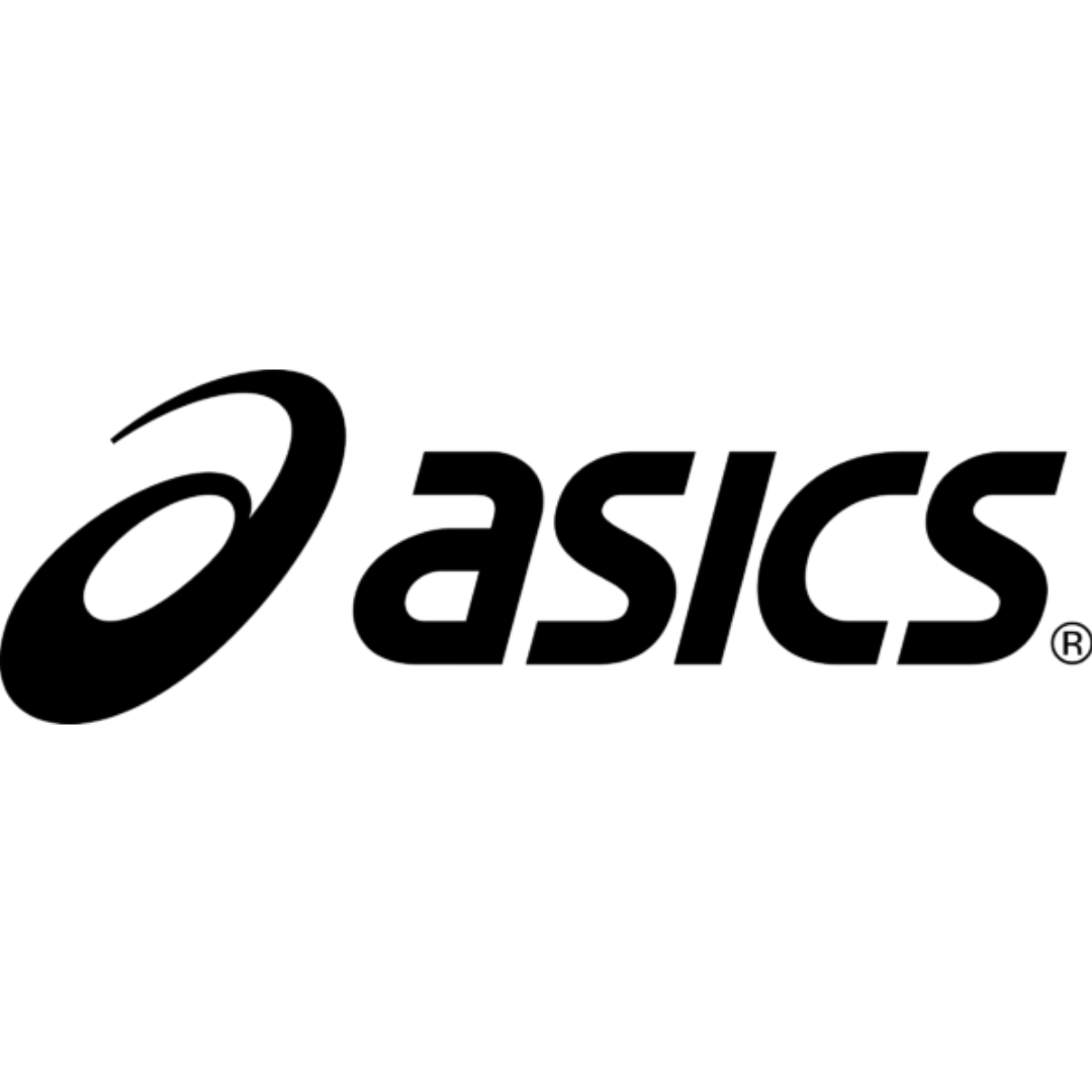 Black and white ASICS logo with stylized text and curved emblem