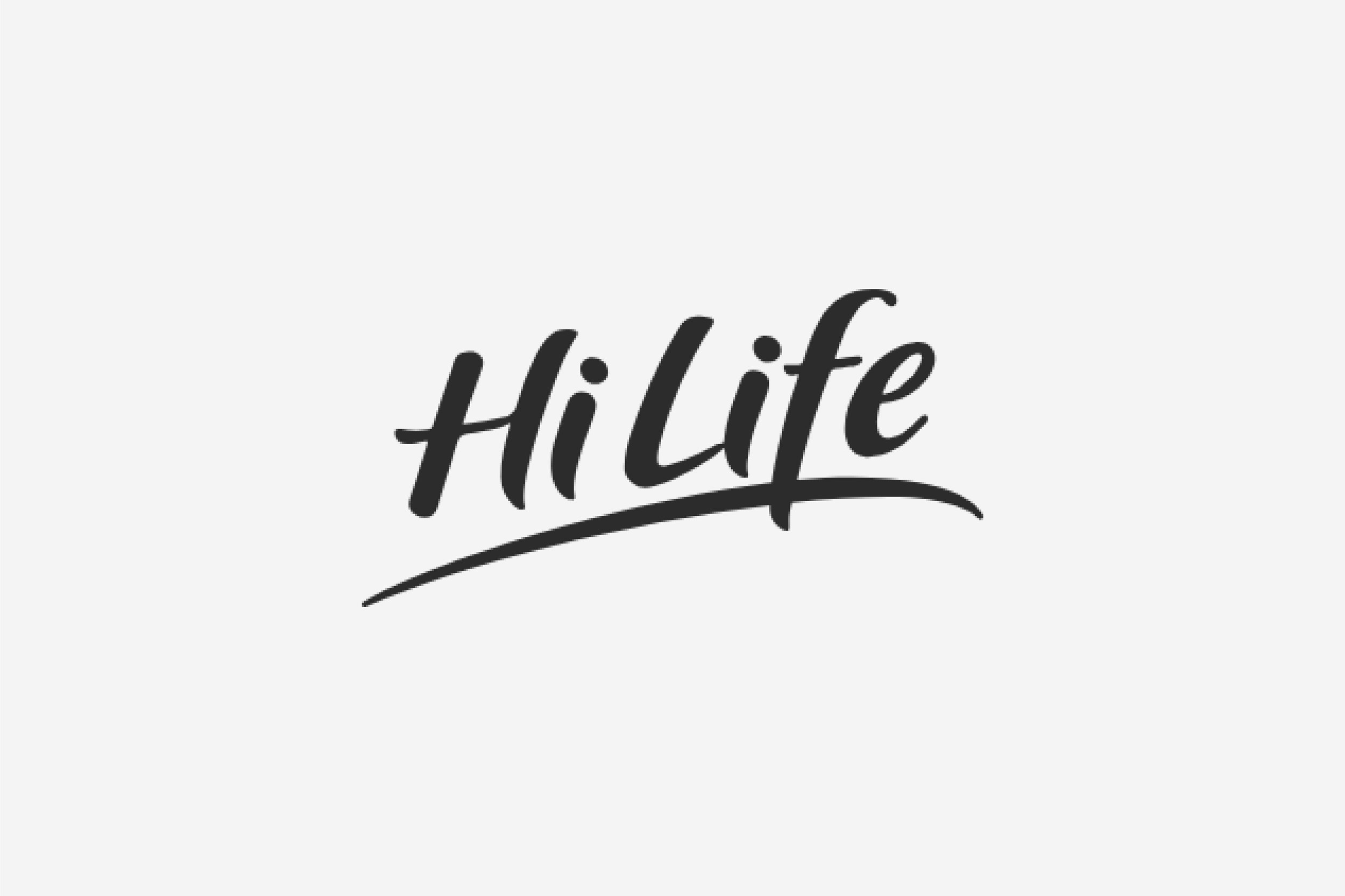 "Hi Life" logo in stylized black script on white background.