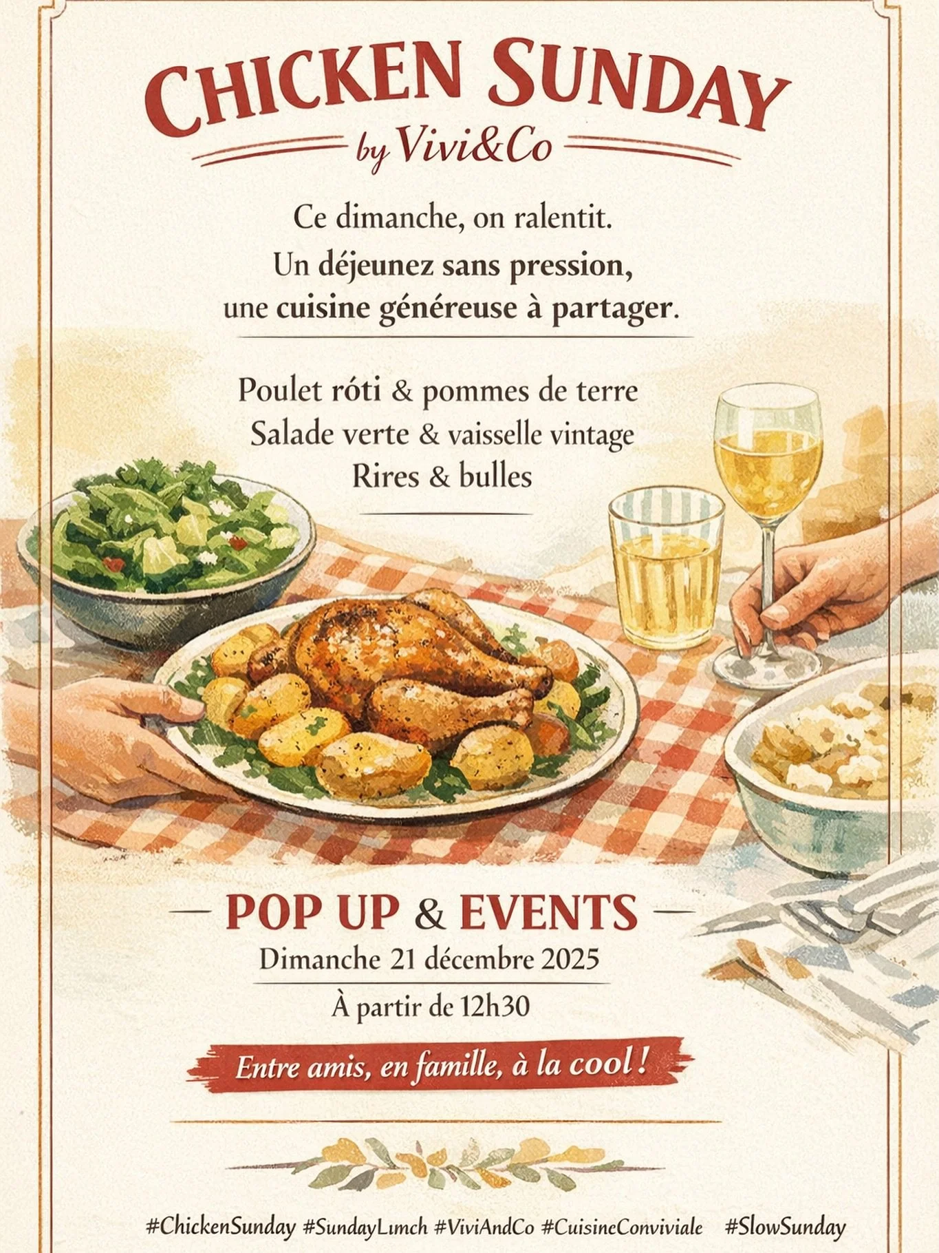 POUR CL&Ocirc;TURER EN BEAUT&Eacute; CES 10 JOURS : 

🍗 CHICKEN SUNDAY

Ce dimanche, on prend le temps.

Le Chicken Sunday, ce n&rsquo;est pas juste une histoire de poulet &mdash; c&rsquo;est une attitude.

On c&eacute;l&egrave;bre le d&eacute;jeune