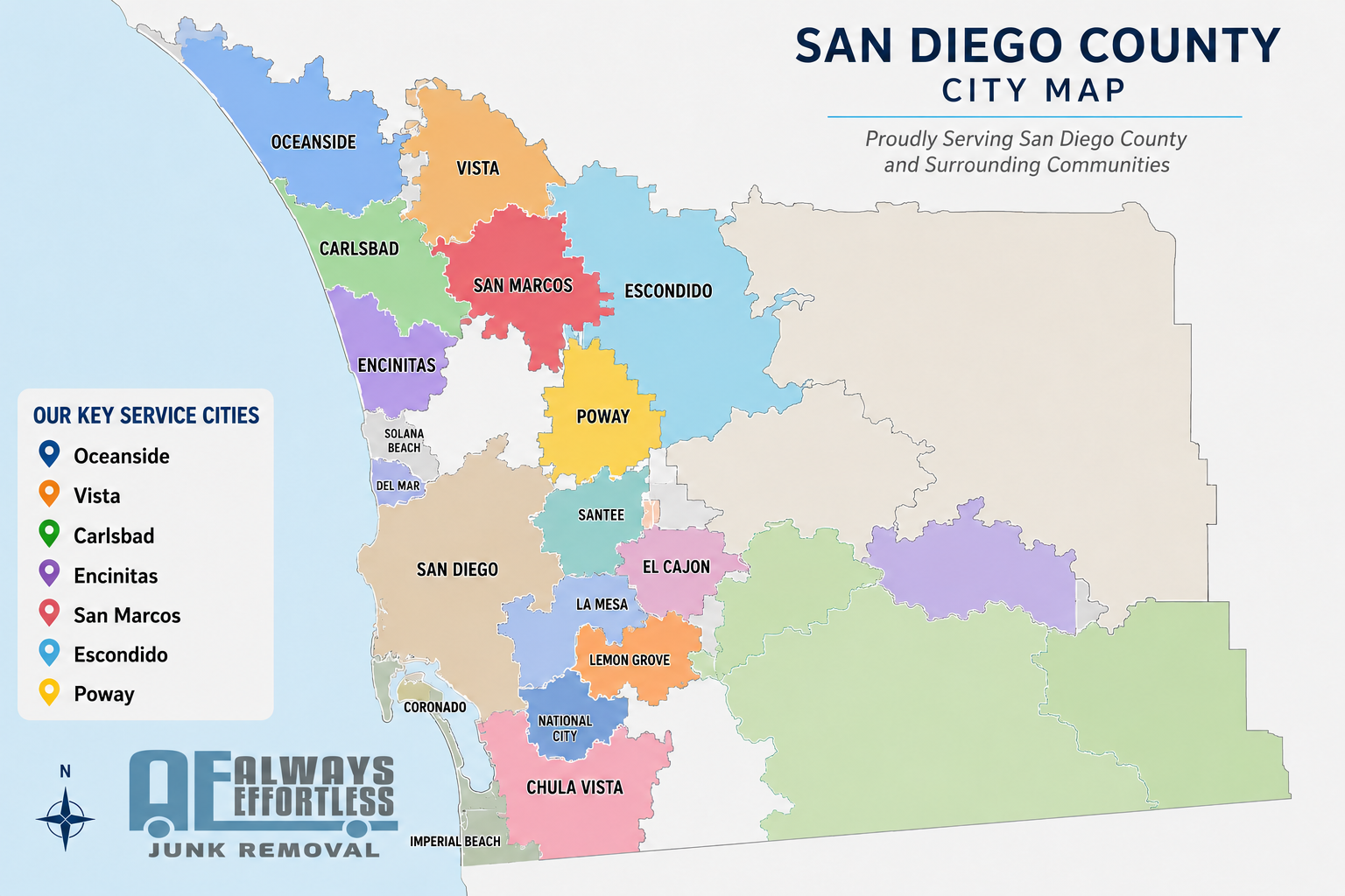 Color-coded map of San Diego County showing city boundaries and key service cities marked with icons and labels.