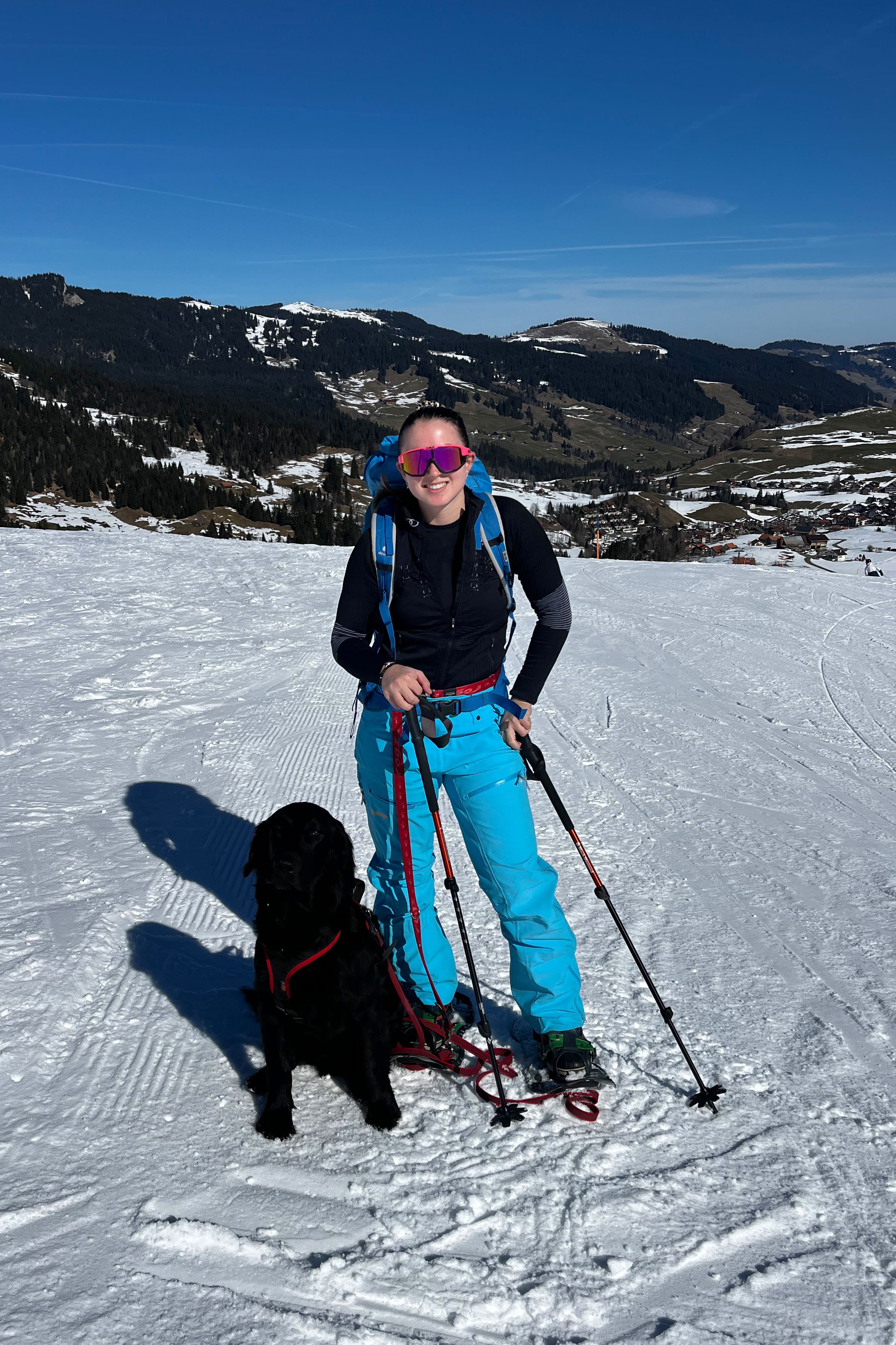Person beim Skifahren mit Hund auf schneebedecktem Berg