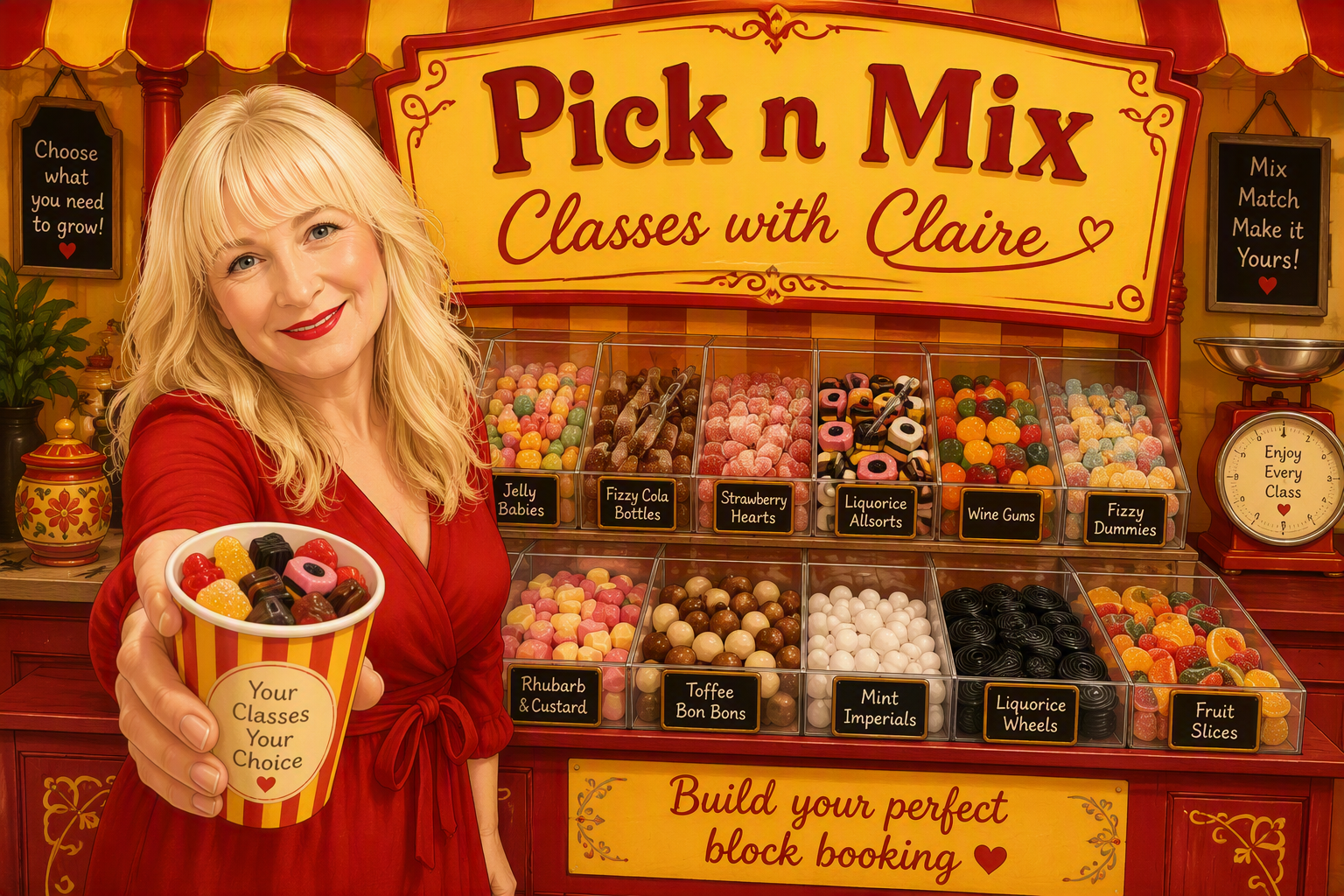 Pick n Mix with a cartoon of Claire, the teacher. Branding is red and yellow, and she is wearing a red dress (the colours of the Spanish flag)