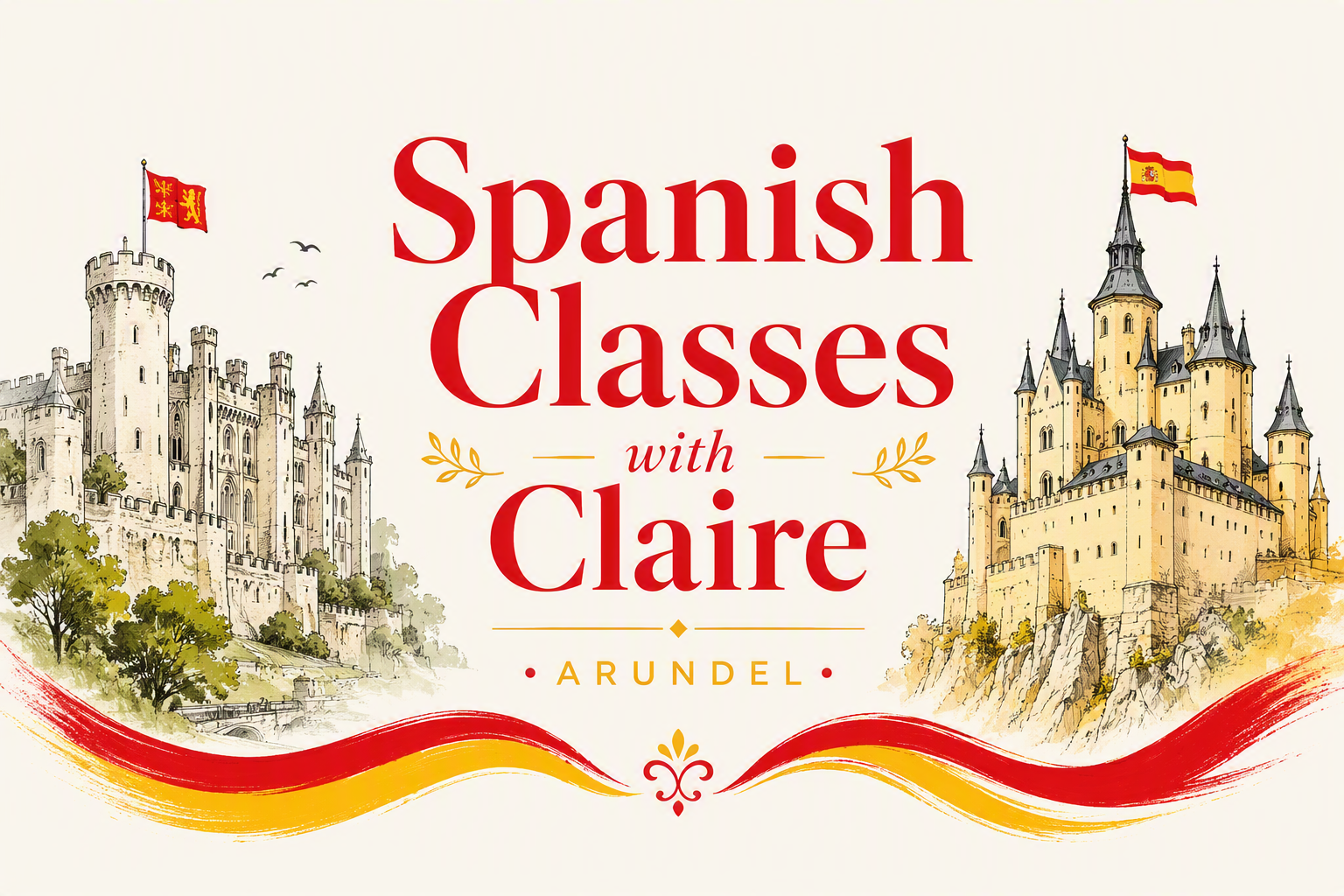 An advertisement for Spanish classes with Claire featuring illustrations of castles, flags, and decorative elements in red, yellow, and beige colors.