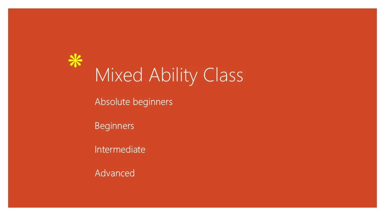 A promotional slide for a mixed ability class with a burnt orange background. The slide lists levels: Absolute beginners, Beginners, Intermediate, and Advanced. There is a yellow flower icon in the top left corner.
