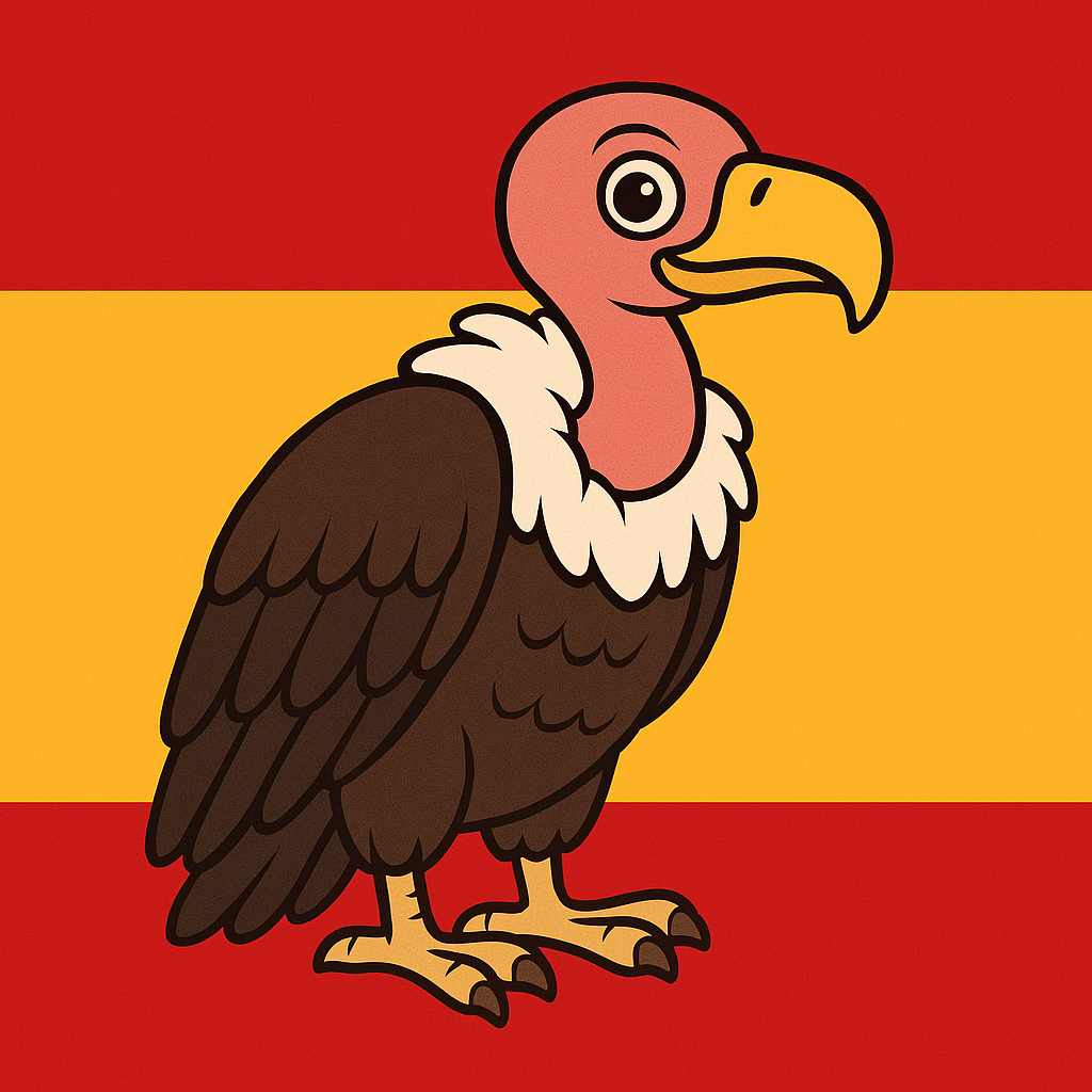 A cartoon vulture with a pink head, large yellow beak, and brown body standing in front of a background resembling the Spanish flag with red and yellow stripes.