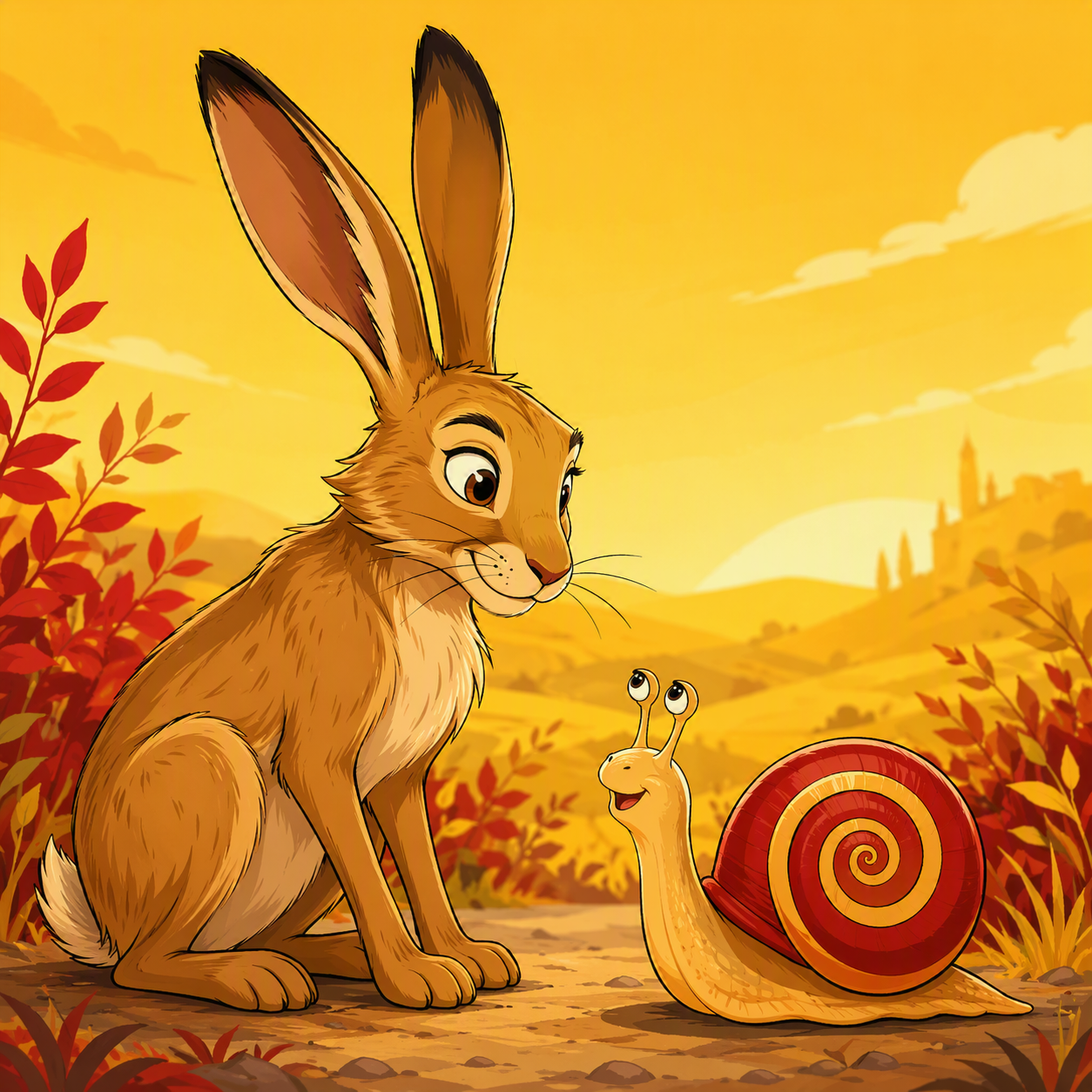 An animated illustration of a hare and a snail in a fall landscape with autumn leaves and hills in the background, featuring a warm, golden sky.