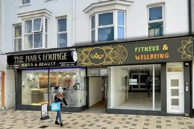 Venue frontage on Littlehampton High Street  for Fit m Fun, with a sign advertising fitness and wellbeing sessions.