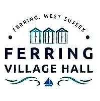 Logo for Ferring Village Hall featuring three stylized buildings and a sailboat with decorative waves