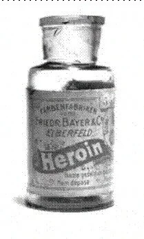 Vintage jar labeled "Heroin" by Bayer in black and white.