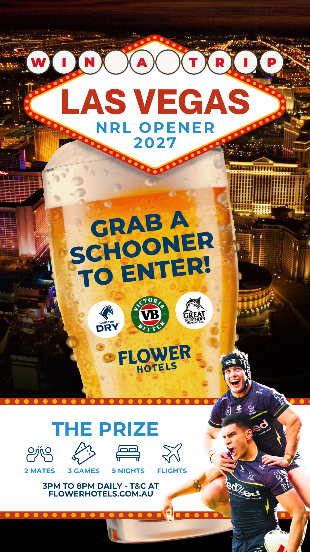 A promotional poster for the 2027 Las Vegas NRL Rugby League season, featuring a large glass of beer, the WINA TRIP logo, and images of rugby players celebrating. The background shows the Las Vegas city skyline at night with illuminated buildings.