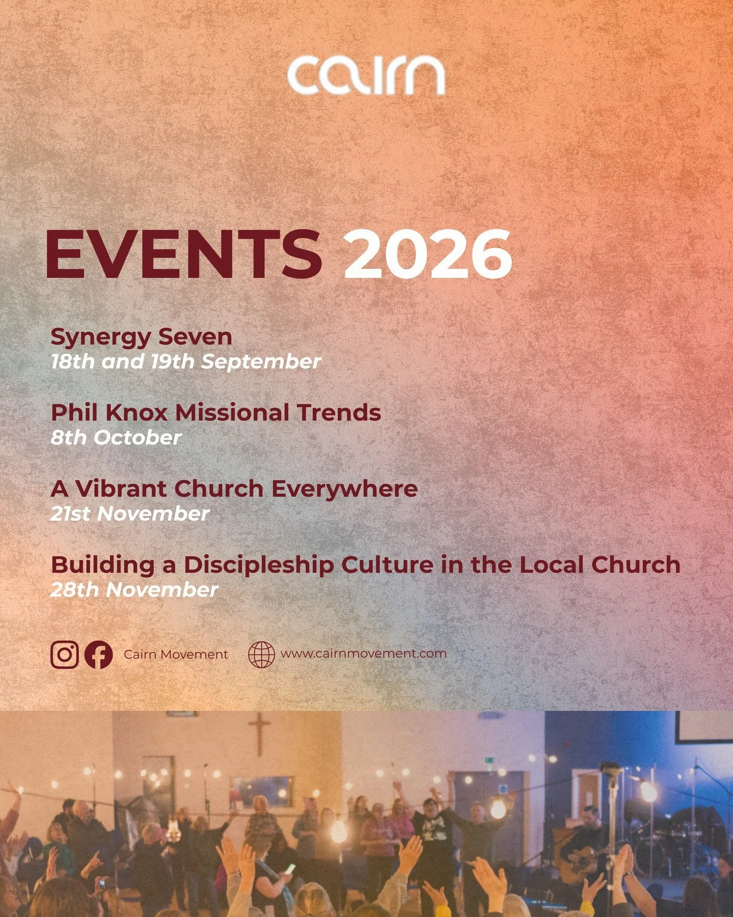 Cairn Events planned for the rest of the year 🗓️ 

18th &amp; 19th - Synergy Seven

8th October - Phil Knox Missional Trends

21st November - A vibrant Church Everywhere

28th November - Building a discipleship Culture in the Local Church 

#cairn20