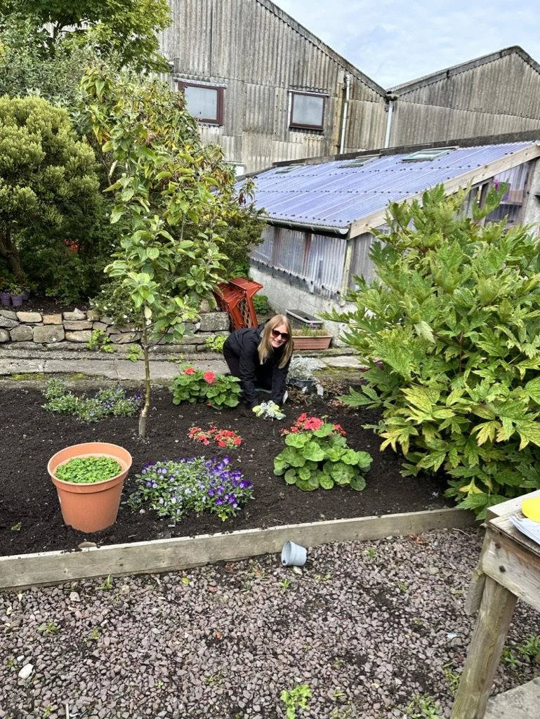 A woman in a flower bed, knelt down gardening.