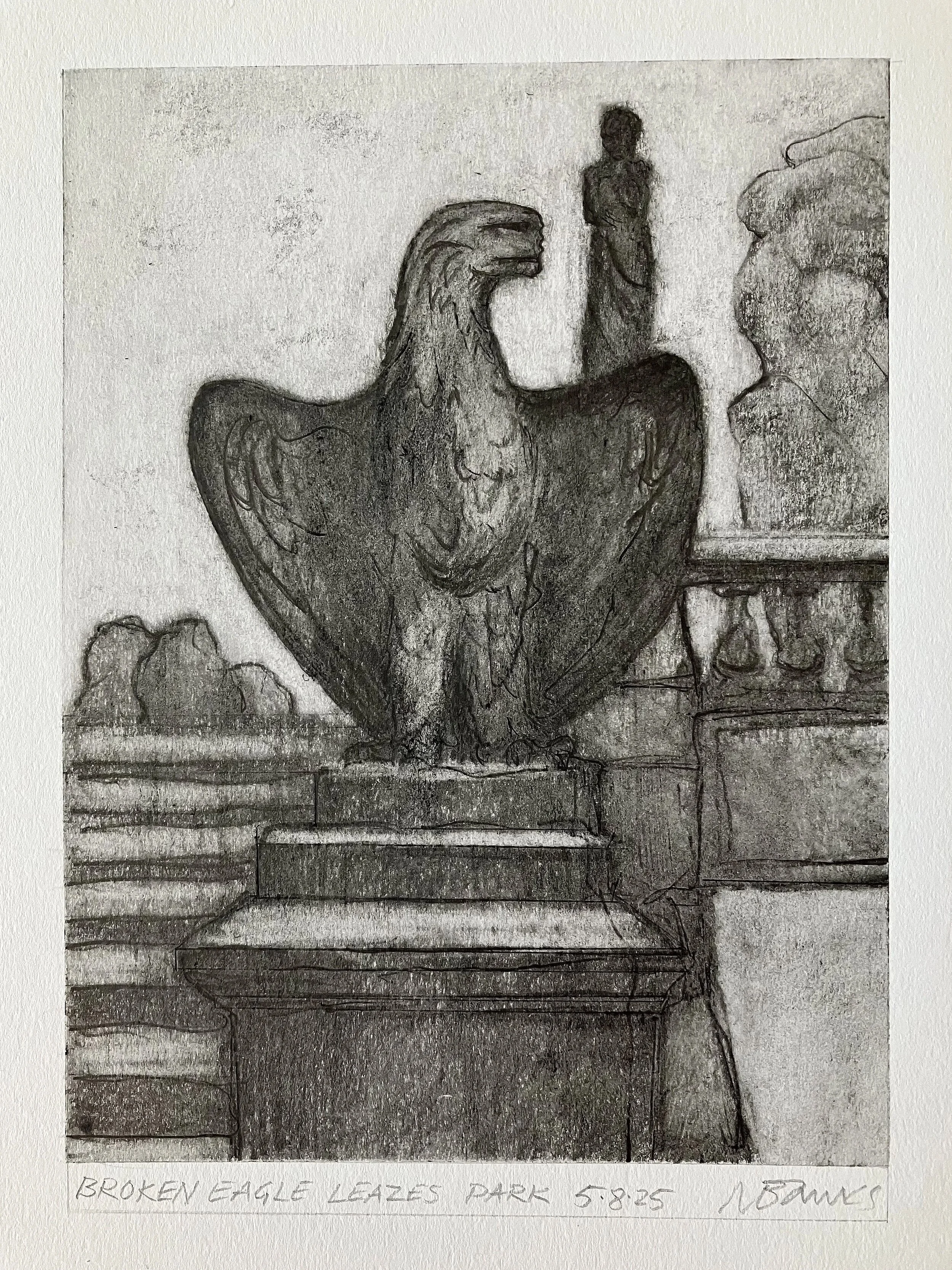 'Broken Eagle Leazes Park' 2025. Pencil on paper 21 x 16 cm