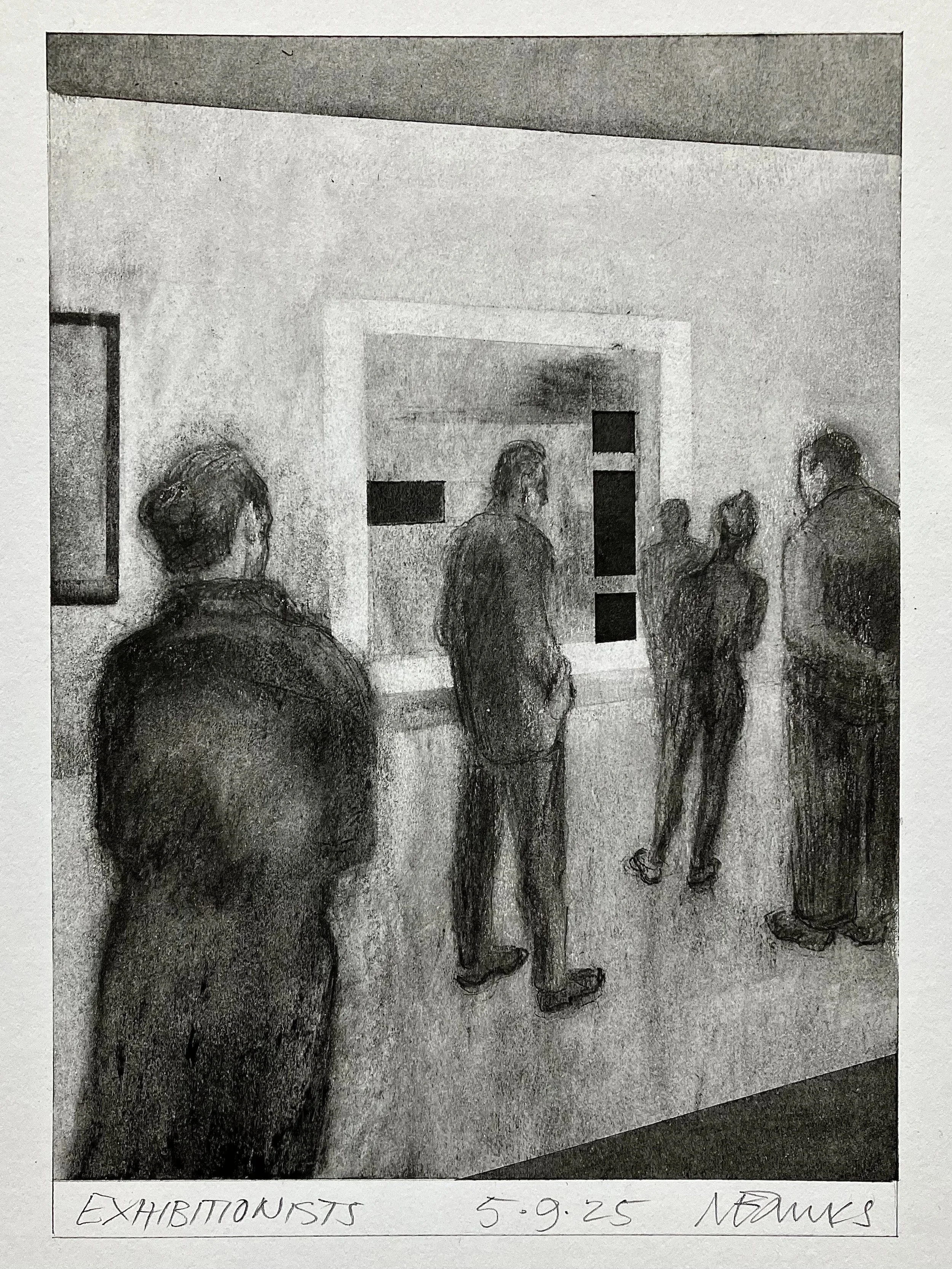'Exhibitionists' 2025. Pencil and graphite on paper.
21 x 16 cm