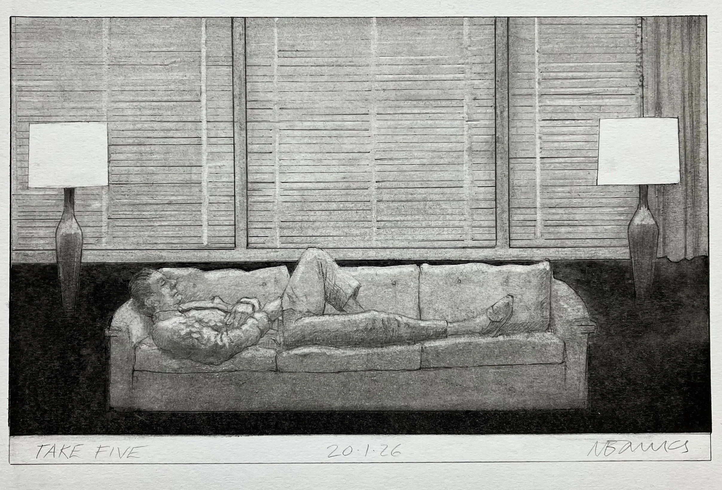 'Take Five'  2026.  Pencil and graphite on paper  26 x 15 cm