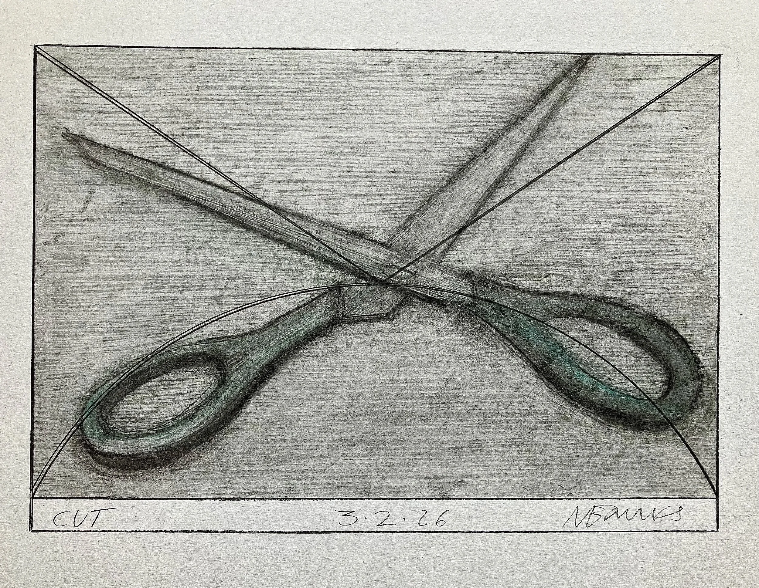 'Cut'  2026.    Pencil, pastel on paper   21 x 15 cm