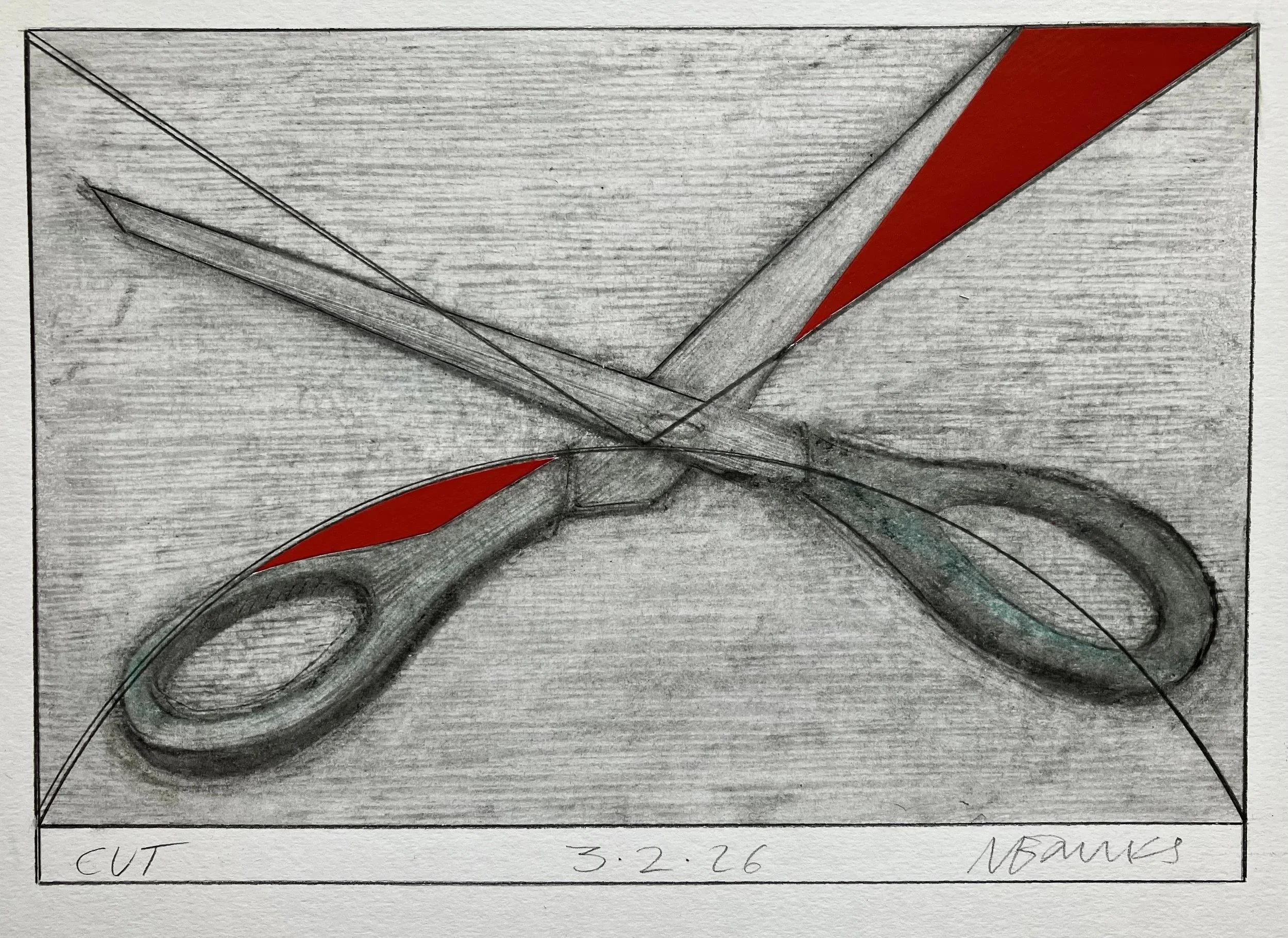 'Cut' 2026.  Pencil, pastel, gouache on paper.
21x 15 cm